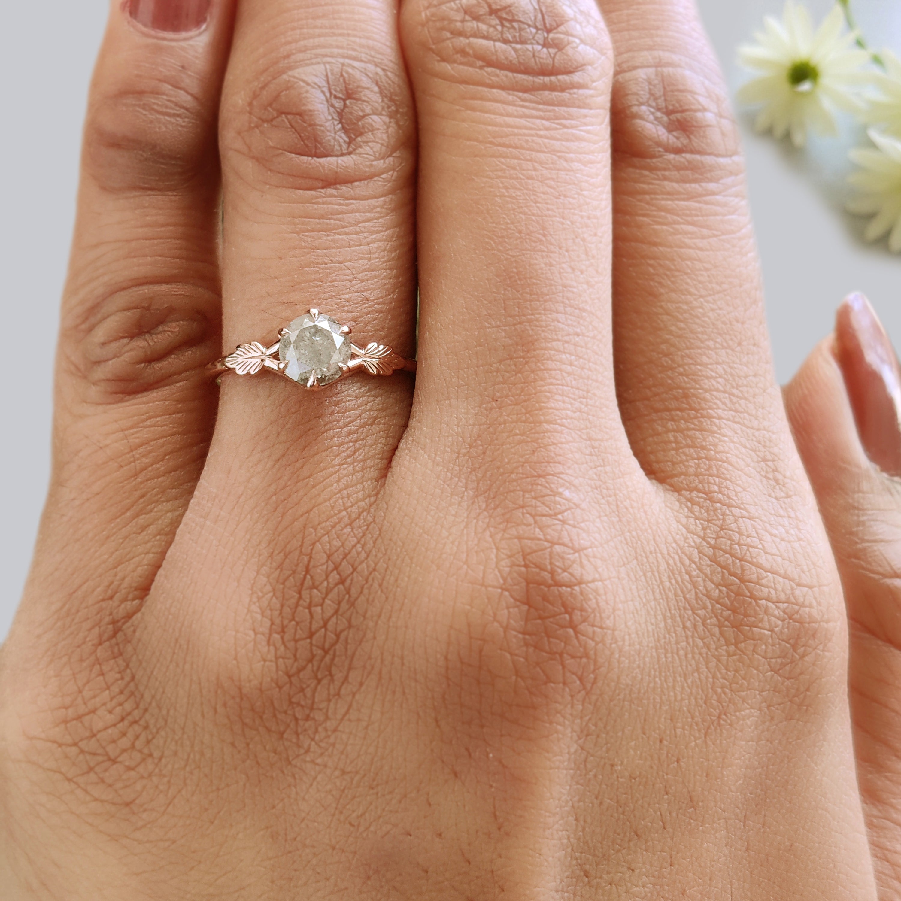 0.87 Ct Natural Round Shape Grey Color Diamond Ring 5.60 MM Round Cut Diamond Ring 14K Rose Gold Silver Engagement Ring Gift For Her KDN8944