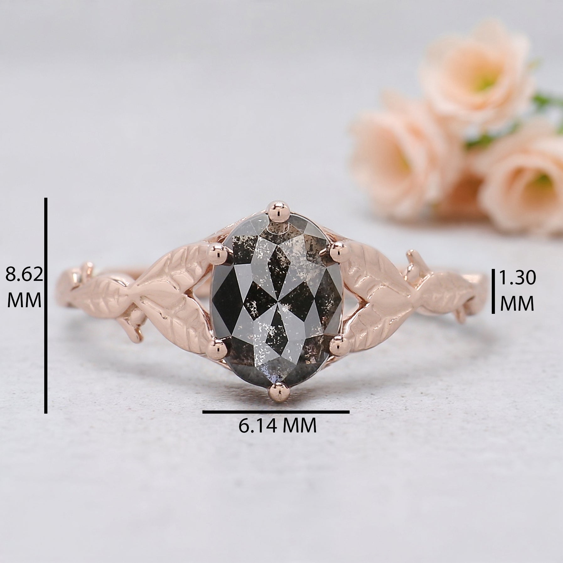 Oval Salt and Pepper Diamond Engagement Ring, 14K Rose Gold Oval Diamond Ring, Rustic Leaf Band, Unique Bridal Ring, Gift for Her KDN1313