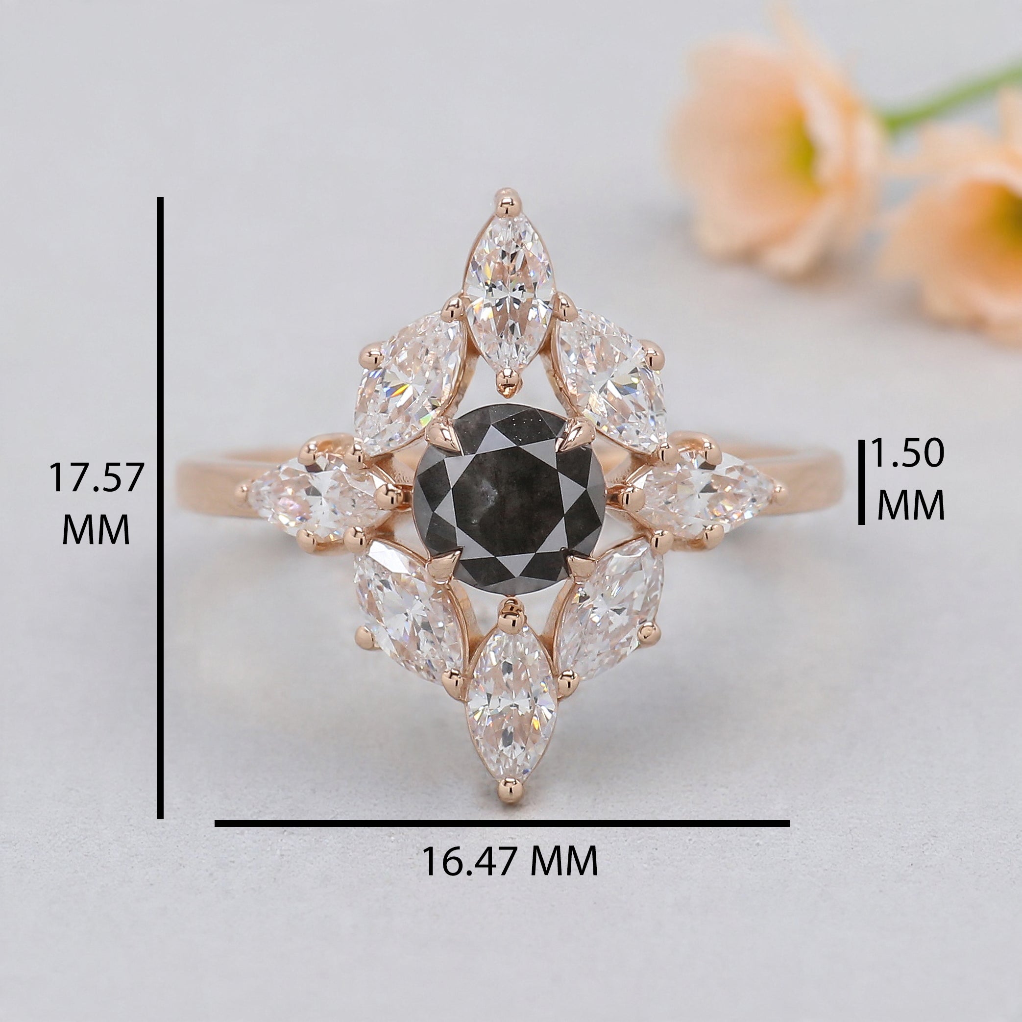 0.68 Ct Natural Round Shape Salt And Pepper Diamond Ring 5.30 MM Round Cut Diamond Ring 14K Solid Rose Gold Silver Engagement Ring KDL1765
