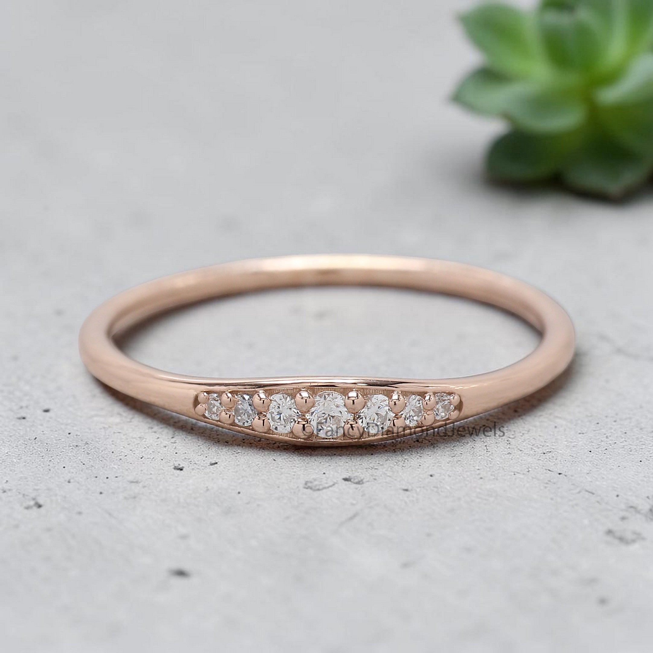 Round Cut Diamond Wedding Band Rose Gold Unique Half Eternity Wedding Band Vintage Minimal Stacking Matching Bridal Gift For Her FD548