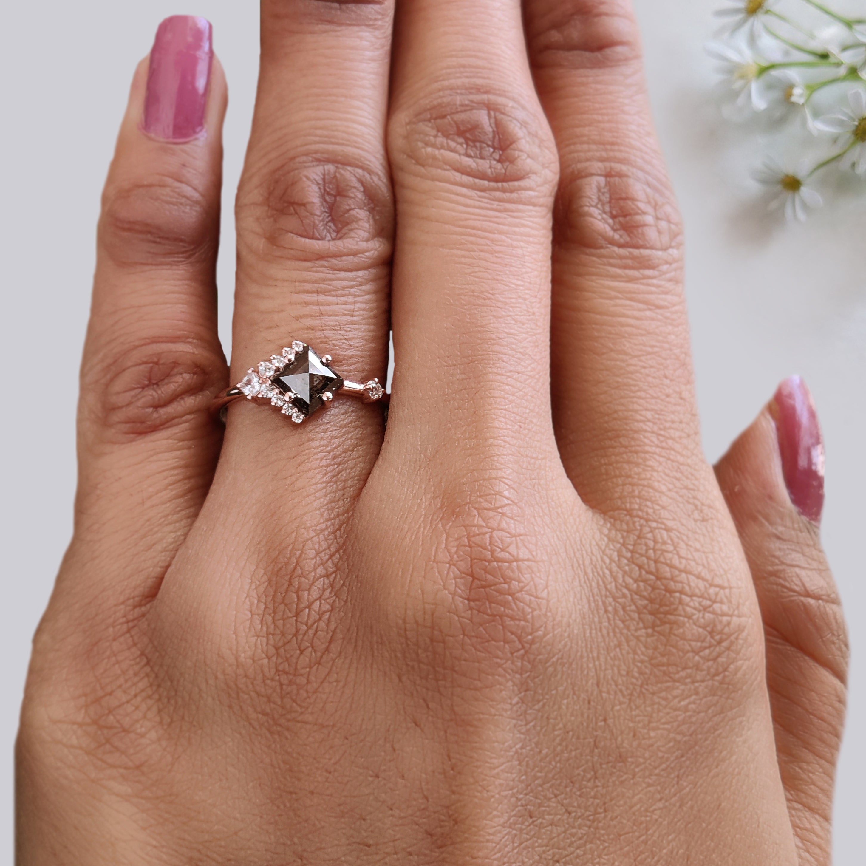 Kite Cut Salt And Pepper Diamond Ring 0.70 Ct 7.10 MM Kite Shape Diamond Ring 14K Solid Rose Gold Silver Engagement Ring Gift For Her KDN930