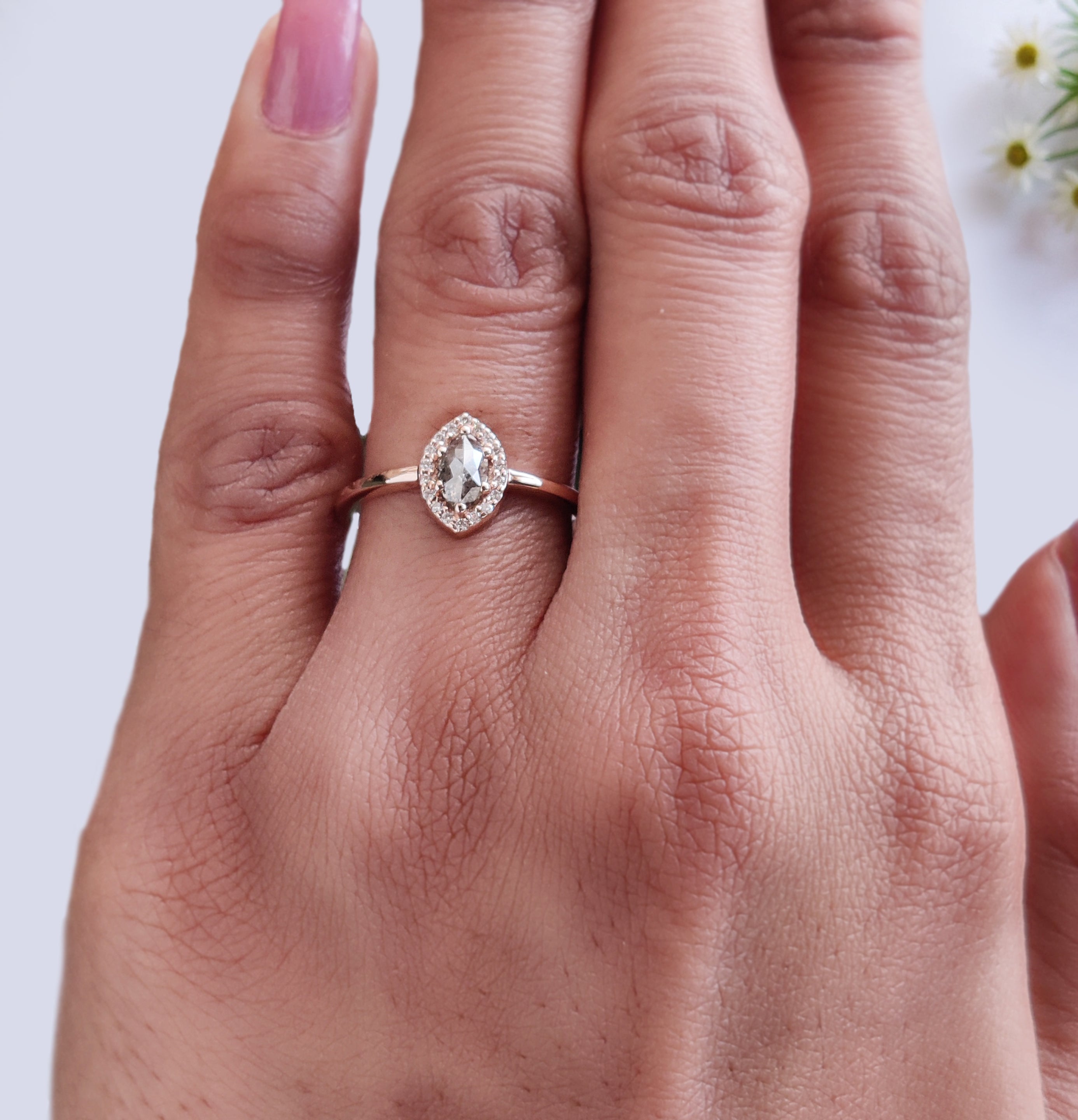 0.43 Ct Natural Marquise Salt And Pepper Diamond Ring 6.30 MM Marquise Cut Ring 14K Solid Rose Gold Silver Halo Engagement Ring KD1119