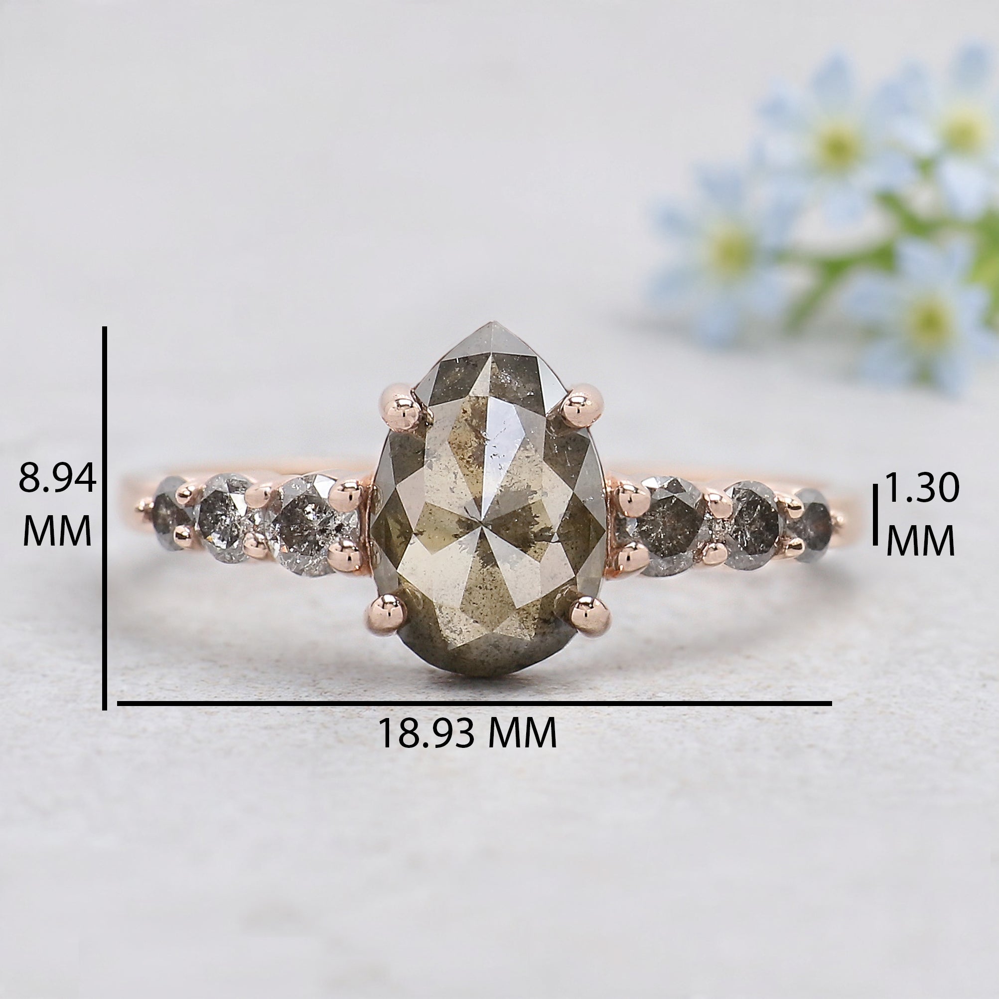 Pear Shape Green Diamond Ring, Rustic Diamond Engagement Ring, 14K Rose Gold Minimalist Ring, Unique Bridal Jewelry, Gift for Her KDK2608