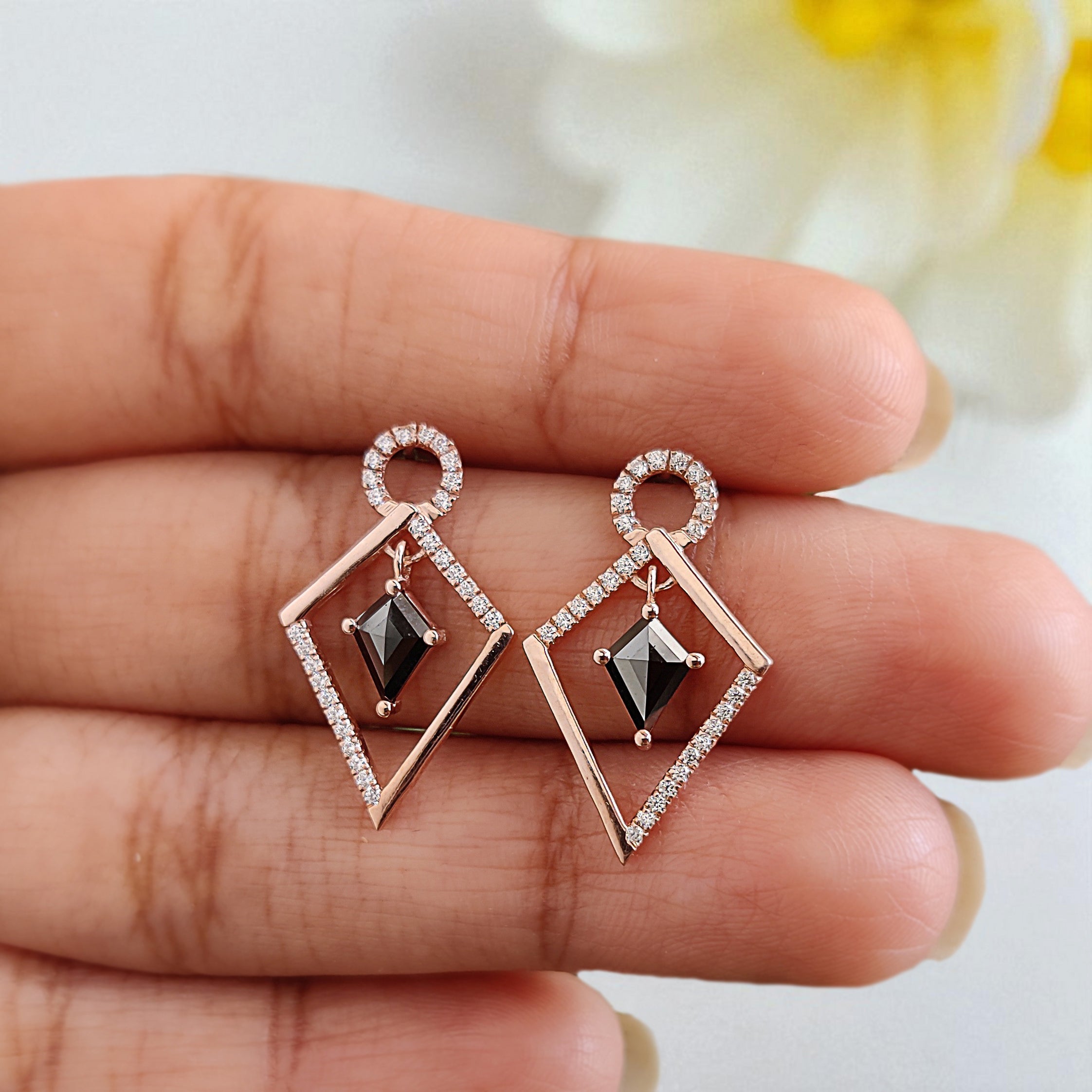 Kite Cut Black Color Diamond Earring 0.64 Ct 7.06 MM Kite Diamond Earring 14K Solid Rose Gold Silver Kite Shape Earring Gift For Her KDN2273