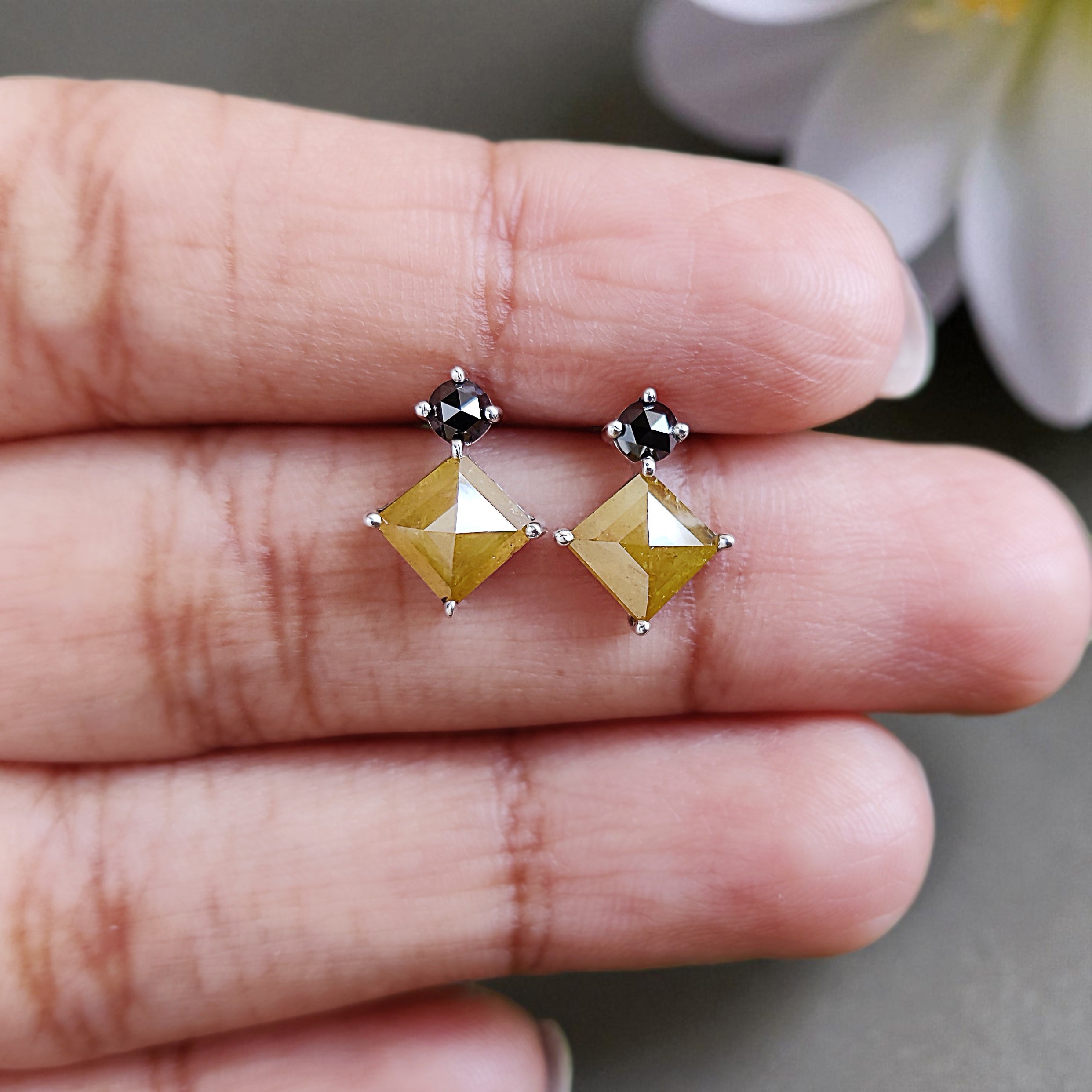 Kite Cut Yellow Color Diamond Earring 1.56 Ct 7.60 MM Kite Diamond Earring 14K Solid White Gold Silver Rose Cut Earring Gift For Her KDL8102