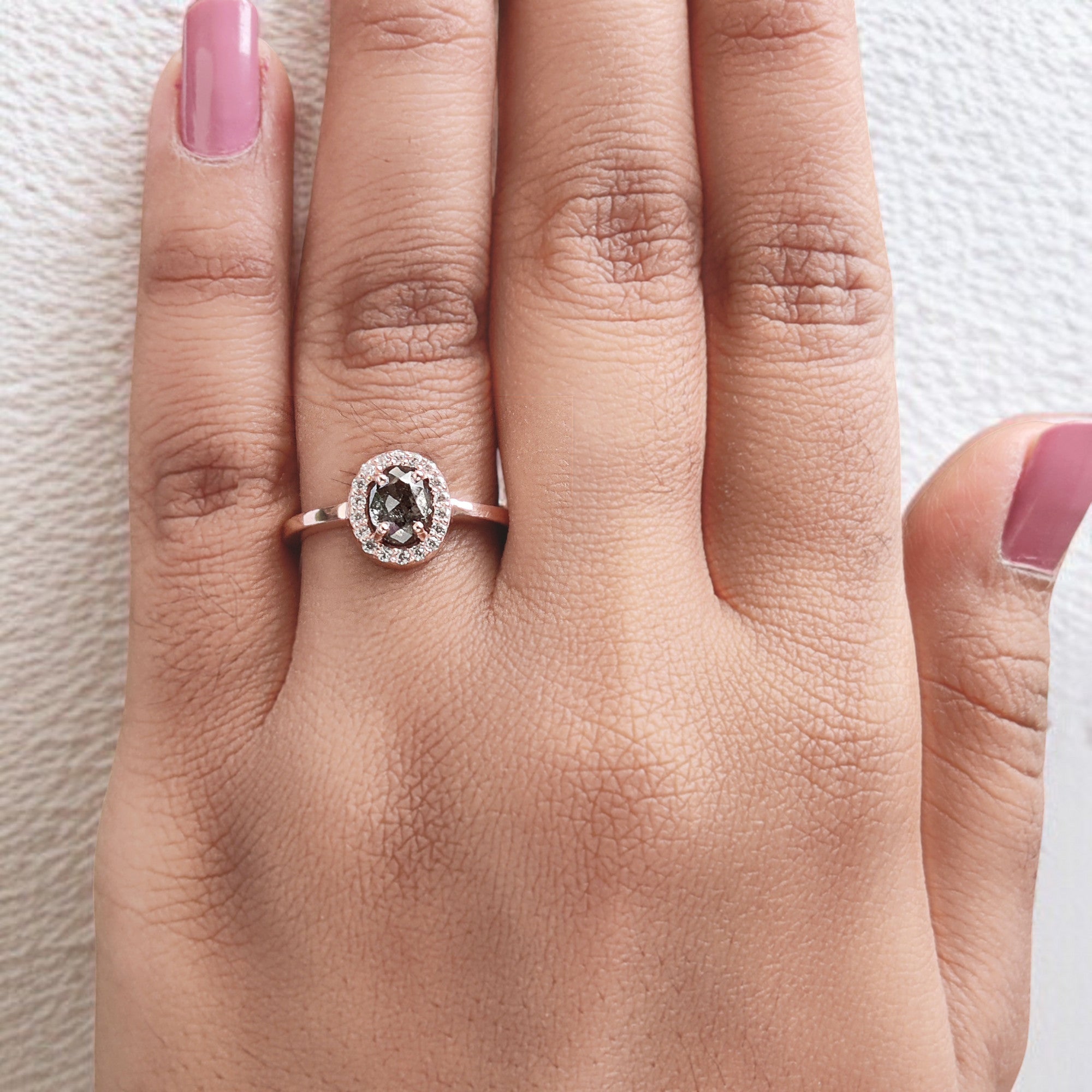 Oval Cut Salt And Pepper Diamond Ring 0.79 Ct 6.35 MM Oval Diamond Ring 14K Solid Rose Gold Silver Oval Engagement Ring Gift For Her QL1476