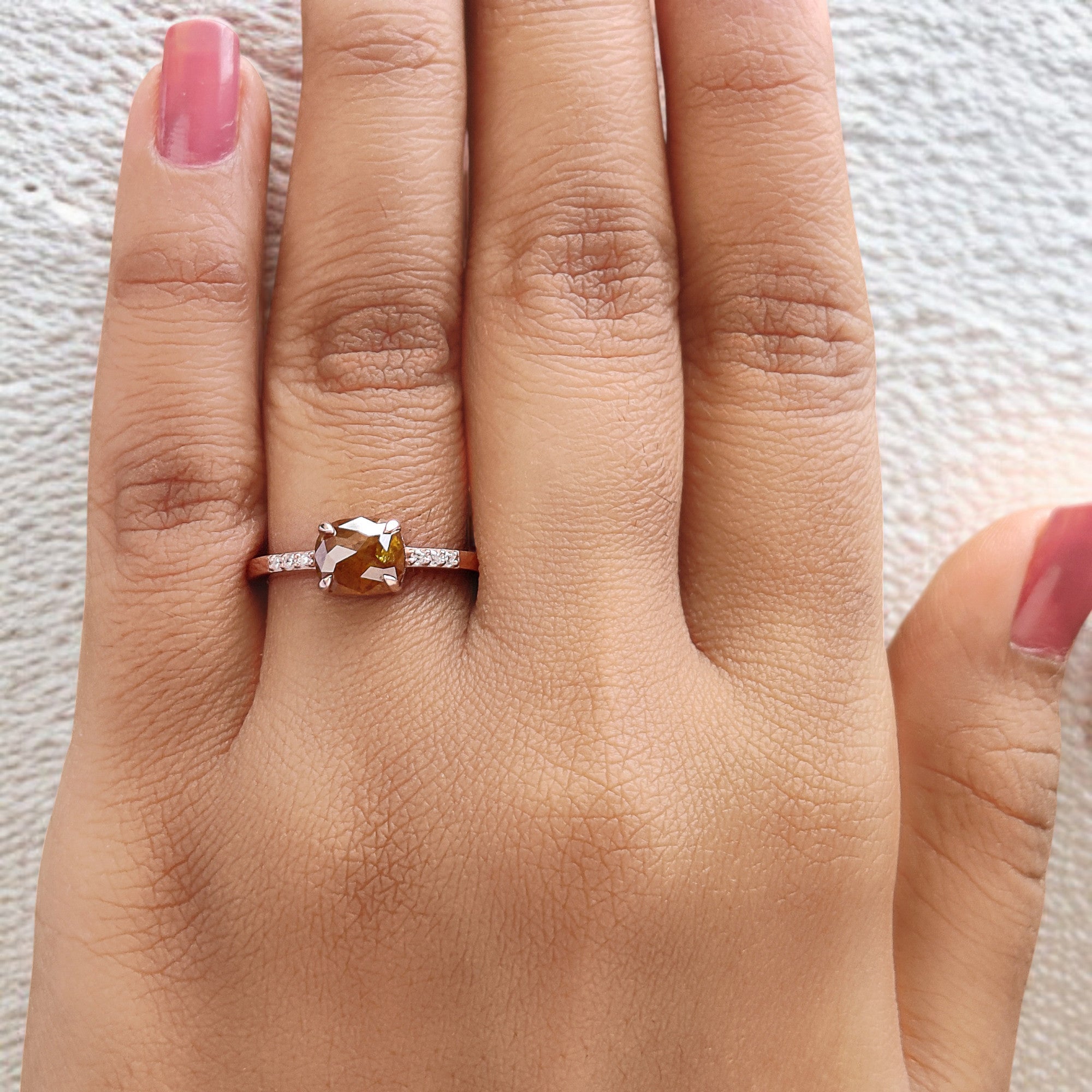 Cushion Yellow Color Diamond Ring 1.39 Ct 6.92 MM Brown Cushion Diamond Ring 14K Solid Rose Gold Silver Engagement Ring Gift For Her QL2885