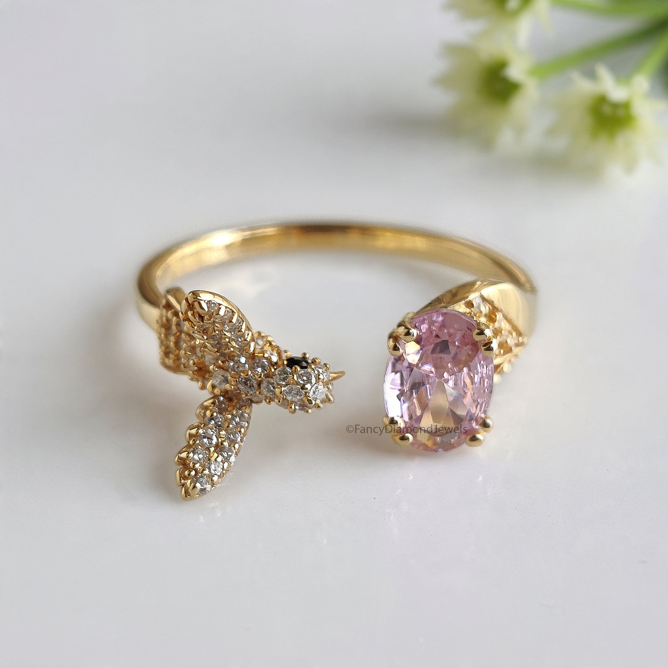 Oval Diamond Bird Ring Simulated Diamond Engagement Ring Yellow Plated Ring Anniversary Ring Simulant Pink Oval ring Gift For Her FD532