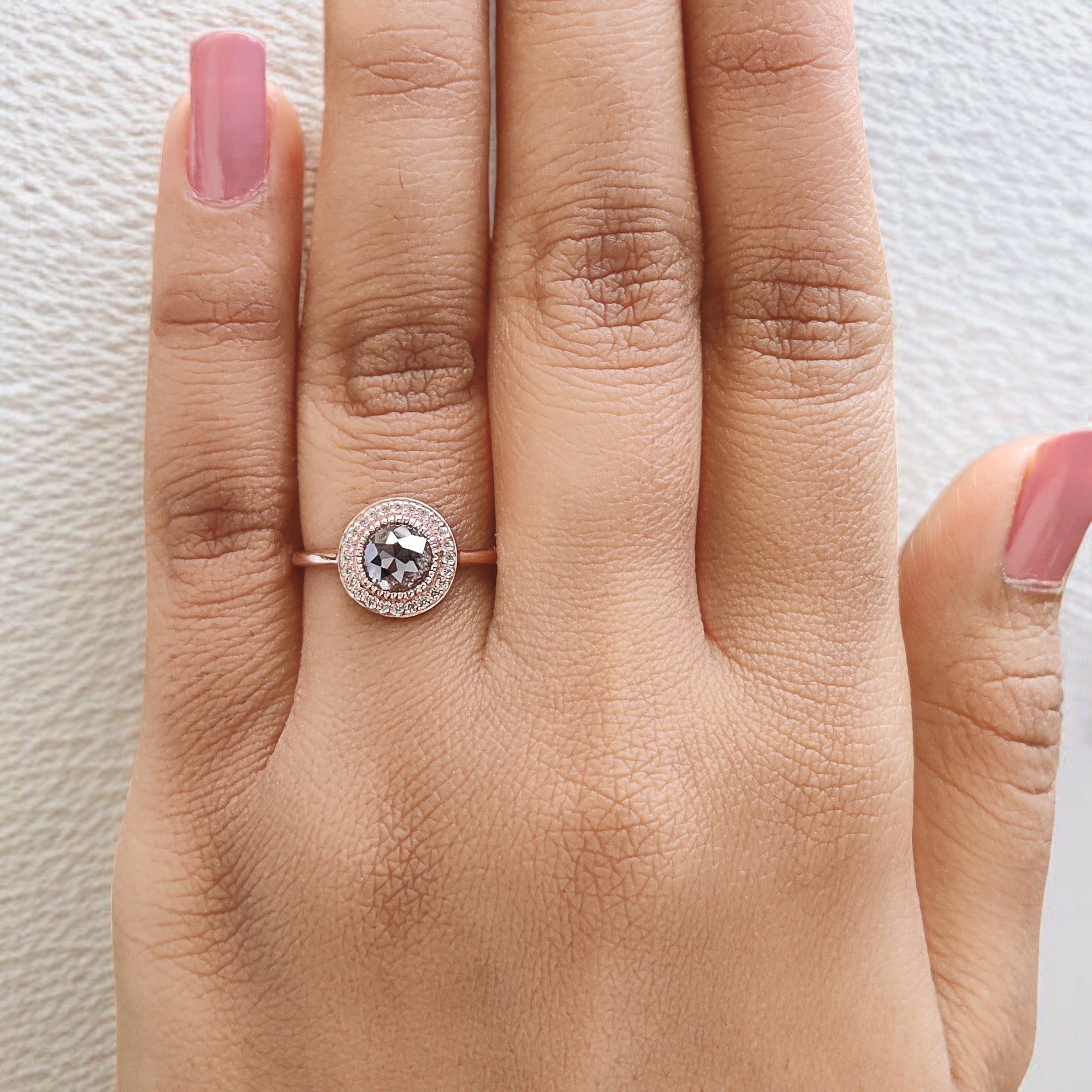 Round Rose Cut Salt And Pepper Diamond Ring 0.88 Ct 5.60 MM Round Shape Diamond Ring 14K Rose Gold Silver Engagement Ring Gift For Her QL2132