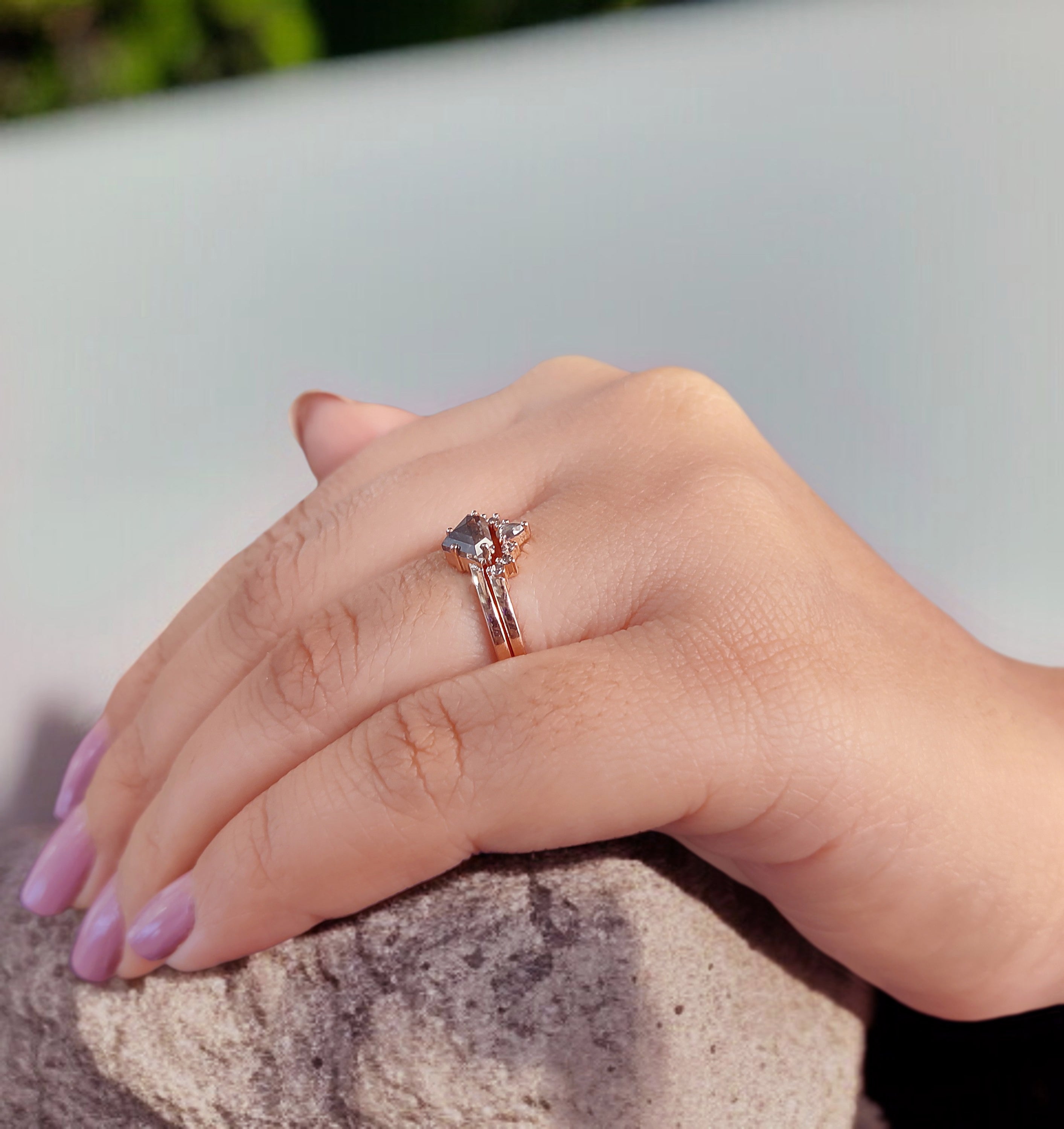 Shield Salt And Pepper Diamond Ring 0.61 CT 4.80 MM Shield Diamond Wedding Ring Set Rose Gold Silver Engagement Ring Gift For Her KDN1551