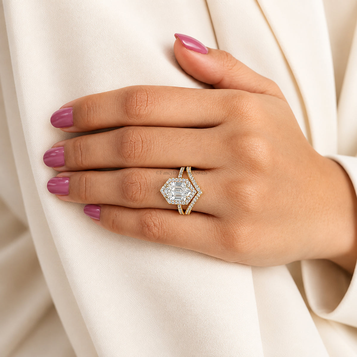 2.35 CT Hexagon Cut Engagement Ring set in Solid Yellow 10K/14k/18k Gold Hexagon Cut Solitaire Engagement Ring Bridal Wedding Ring Set FD605