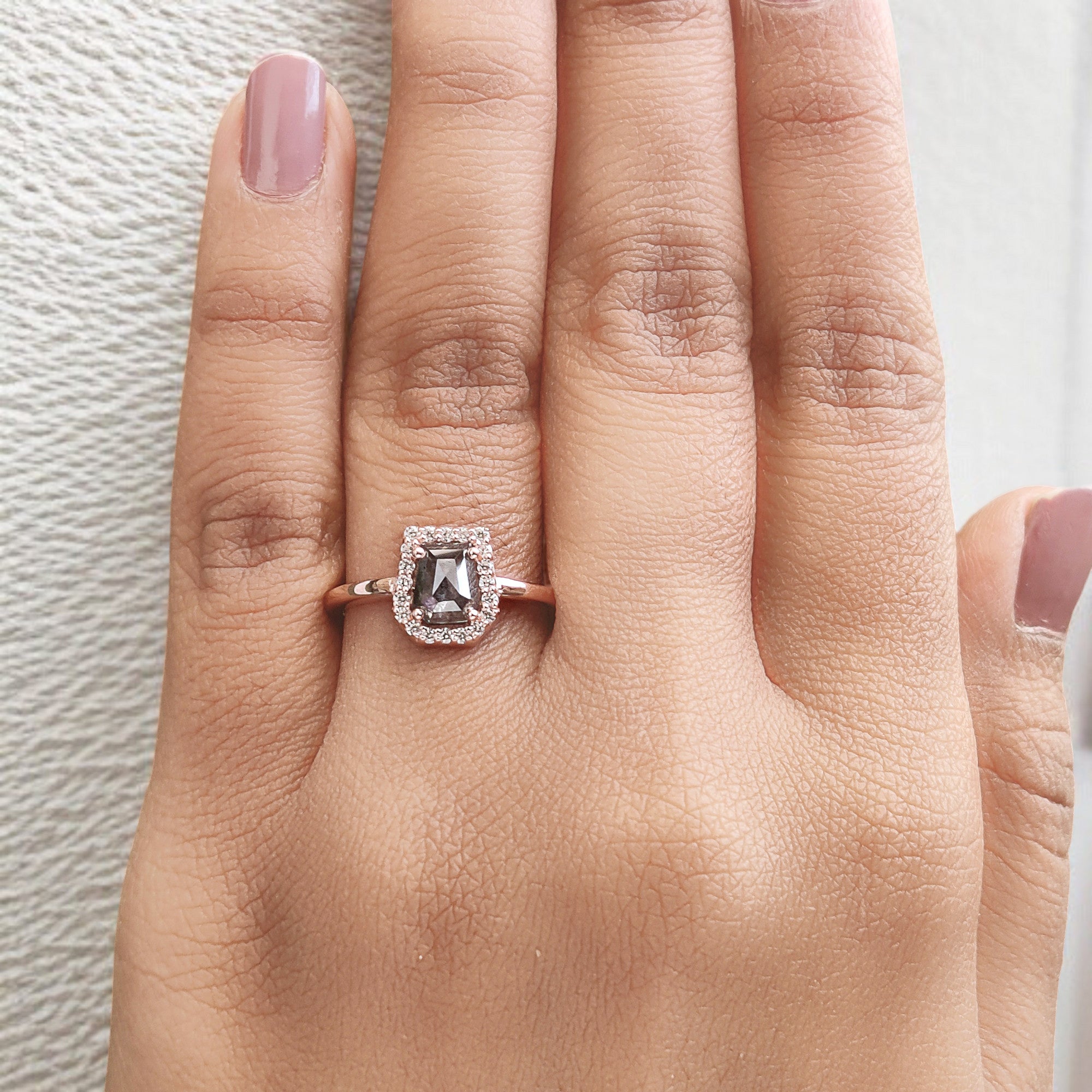 Coffin Cut Salt And Pepper Diamond Ring 0.96 Ct 6.25 MM Coffin Diamond Ring 14K Solid Rose Gold Silver Engagement Ring Gift For Her QN1097