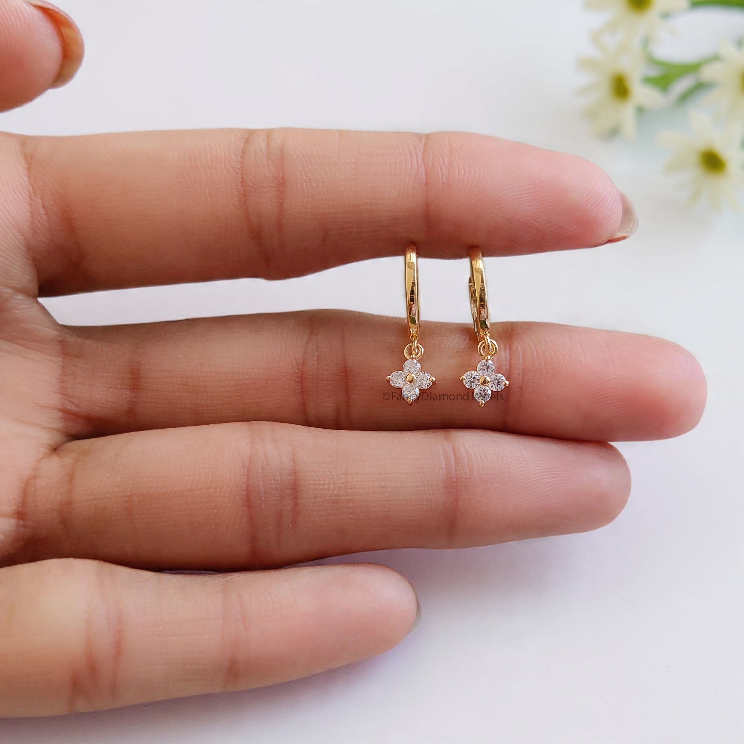 Round Diamond Flower Huggie Hoop Earrings, Minimalist Gold Dangle Earrings, Dainty Diamond Hoop, Bridesmaid Gift for Mom, Gift for Her FD551