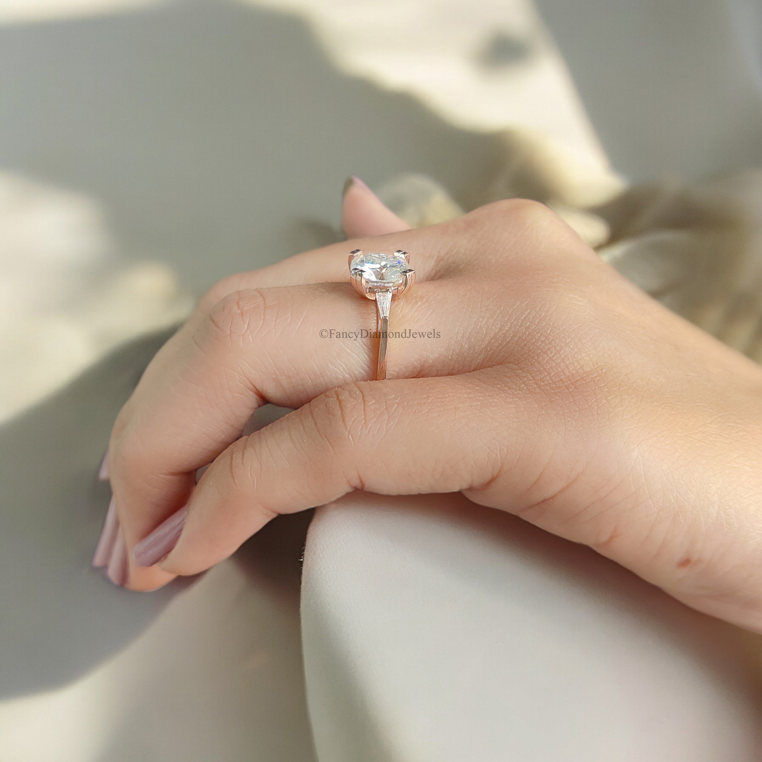 2.30 TW Cushion Cut Colorless Moissanite Ring Side Baguette Three Stone Engagement Ring Wedding Ring Gift For Her Celebrity Style Ring FD202