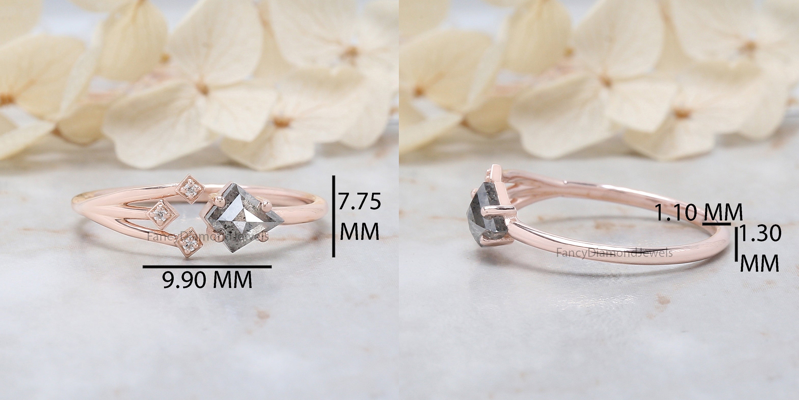 Kite Cut Salt And Pepper Diamond Ring 0.42 Ct 5.85 MM Kite Diamond Ring 14K Solid Rose Gold Silver Kite Engagement Ring Gift For Her QL3122