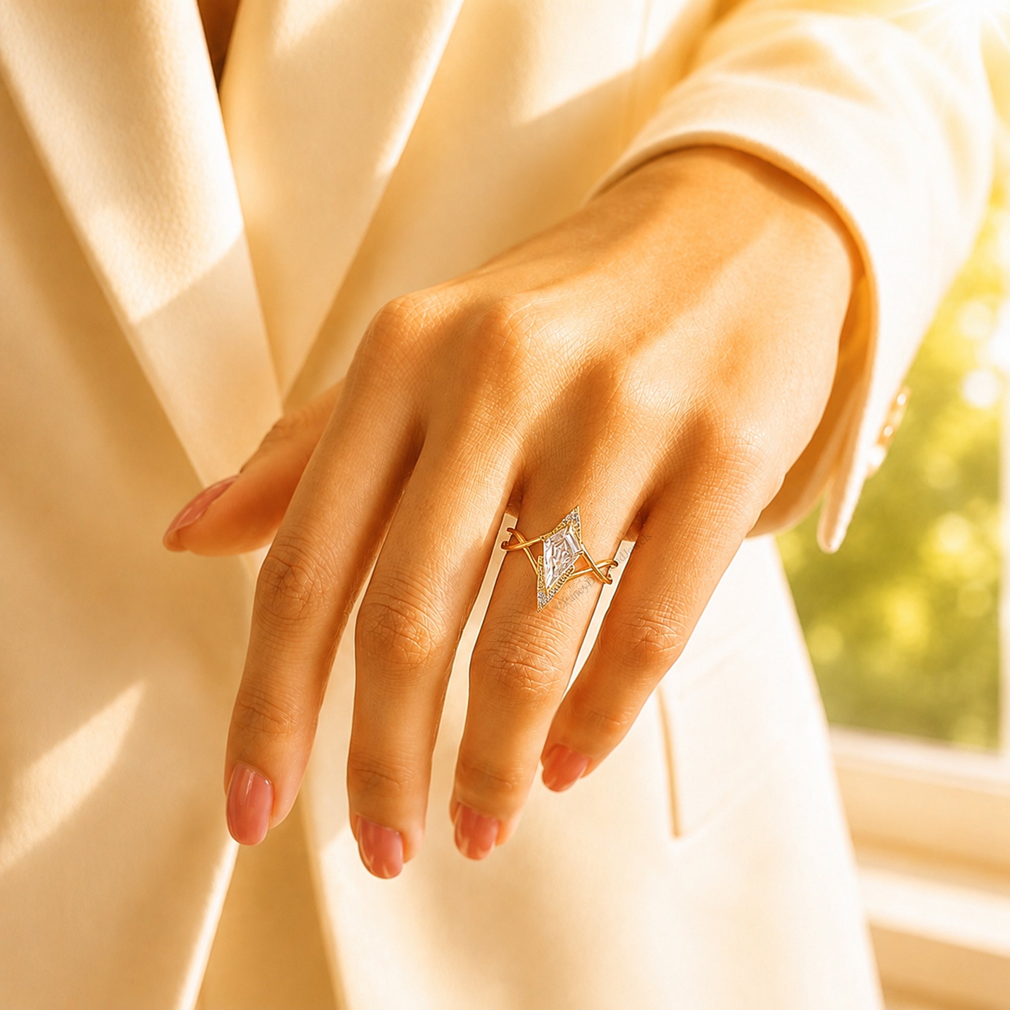 Kite Shape Moissanite Ring, Geometric 14K Gold Engagement Ring, Modern Statement Jewelry, Lab Created Diamond, Unique Bridal Gift FD581