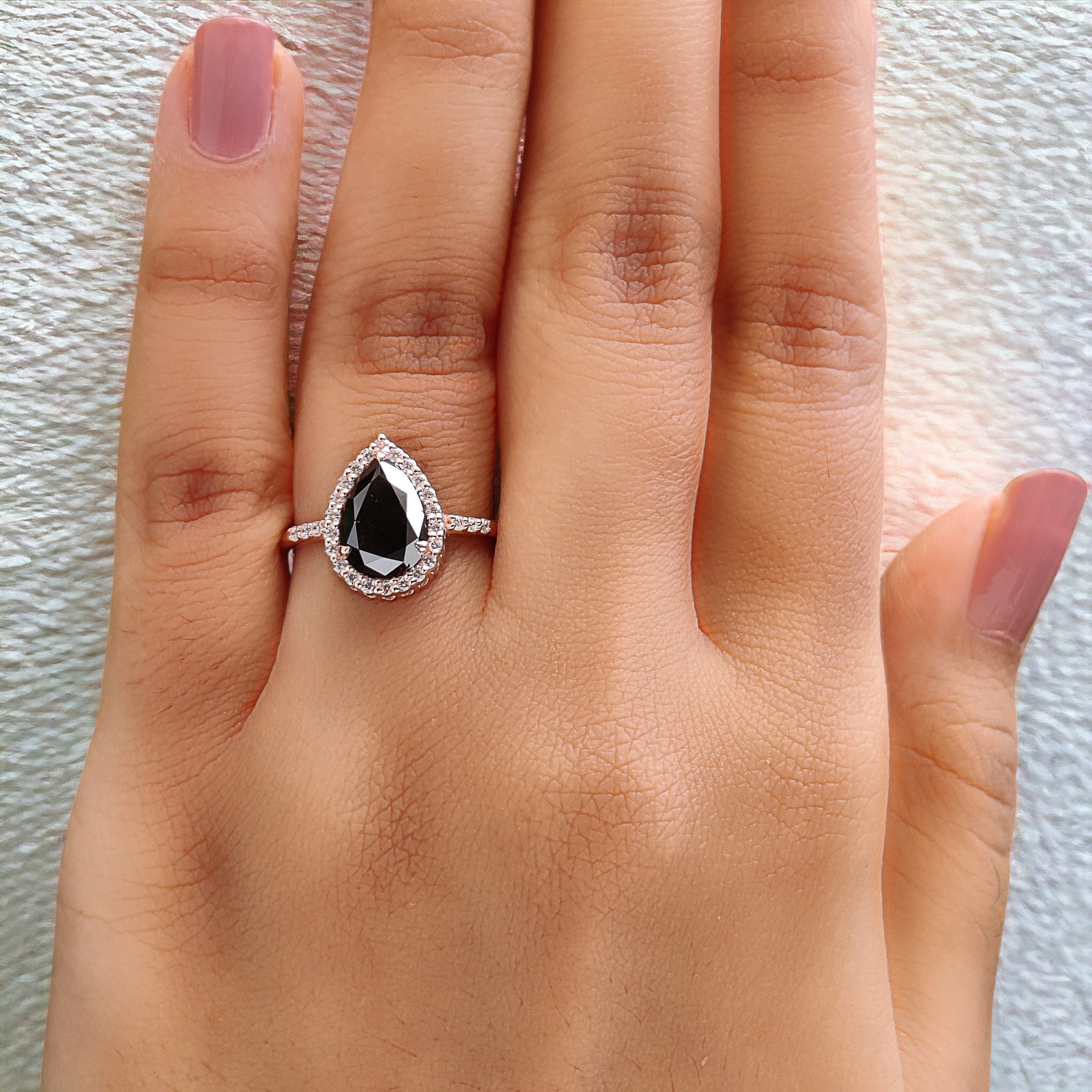Pear Cut Black Color Diamond Ring 1.97 Ct 9.65 MM Pear Shape Diamond Ring 14K Solid Rose Gold Silver Pear Engagement Ring Gift For Her QN1542