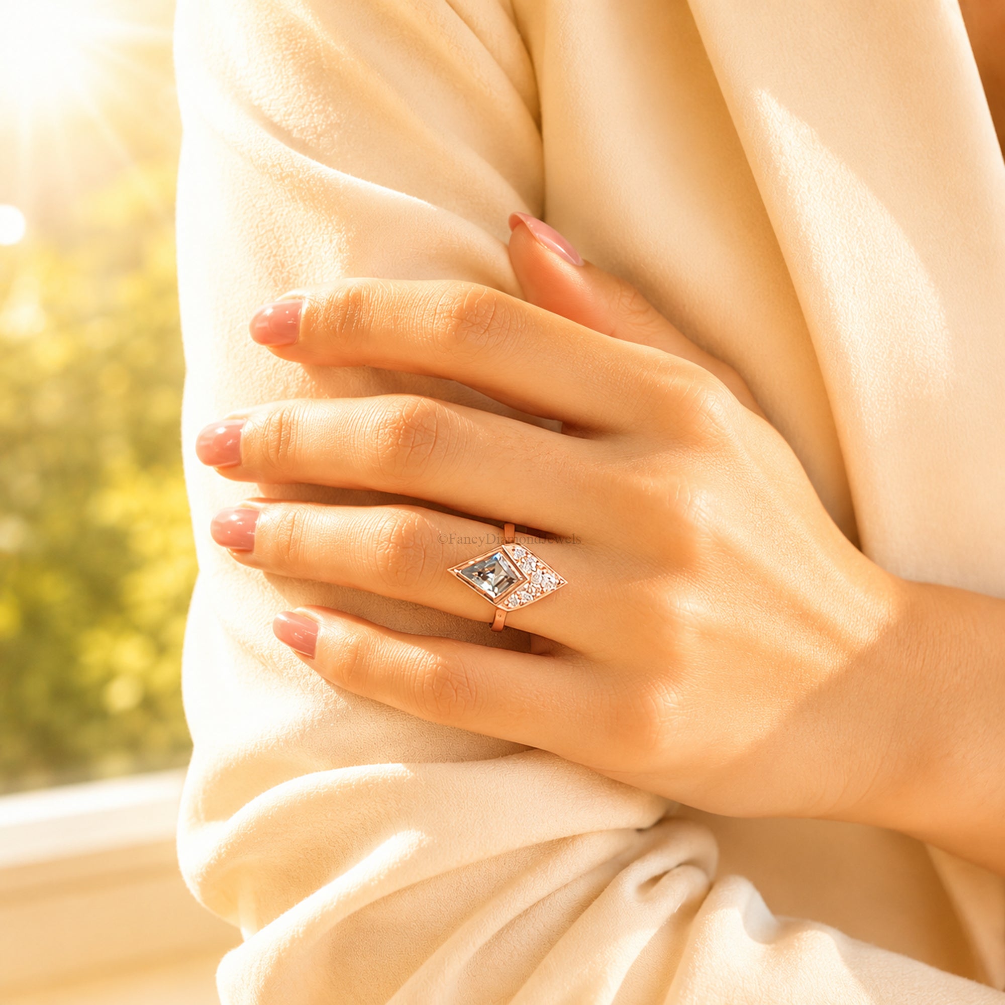Gray Color Art Deco Ring Bezel Set Moissanite Bridal Ring Kite Shape Rose Gold Engagement Ring Gray Color Diamond Wedding Ring For Her FD576