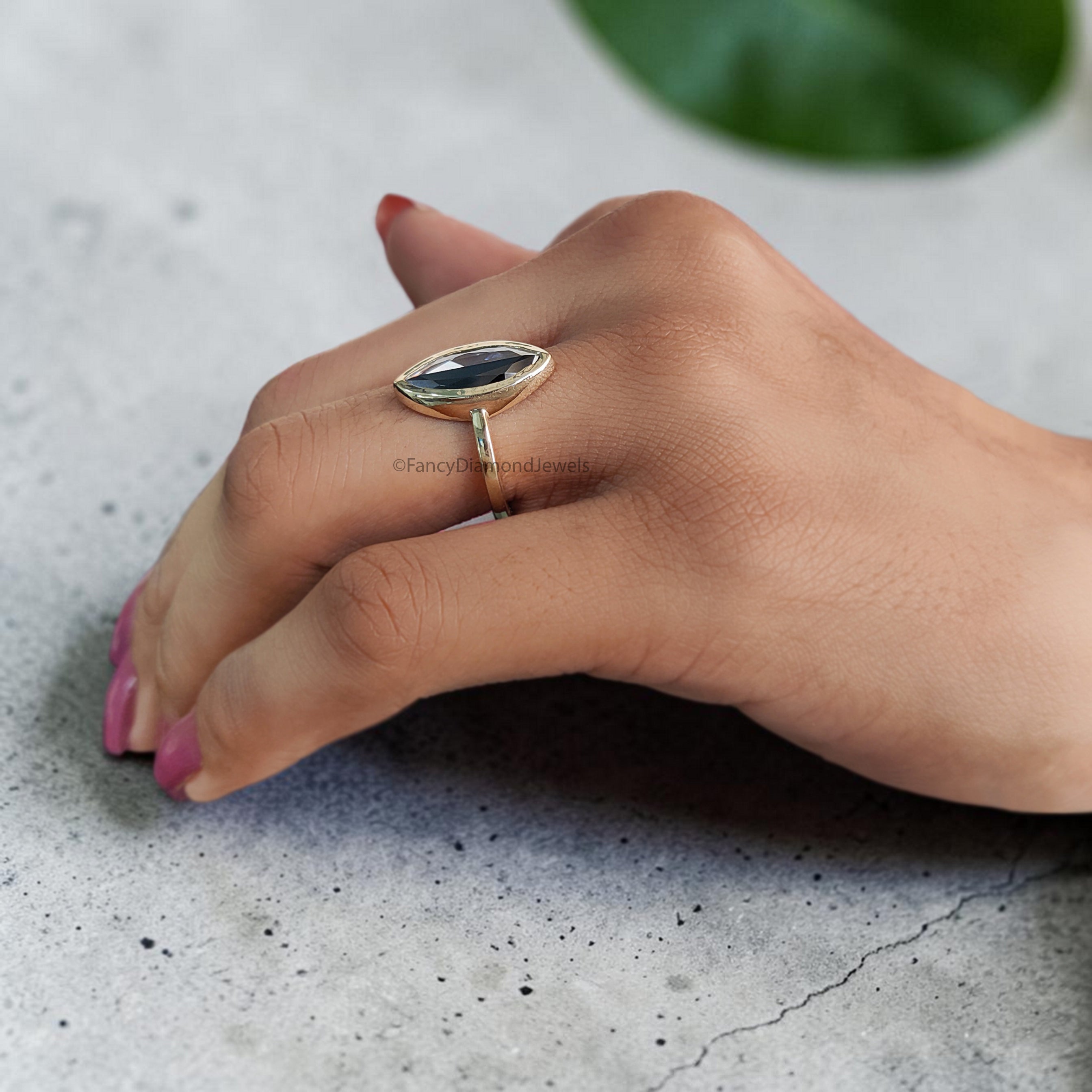 Marquise Cut Half Black White Moissanite Ring, Bezel Set Solitaire Engagement Ring, Yellow Gold Promise Ring, Minimalist Wedding Ring FD552
