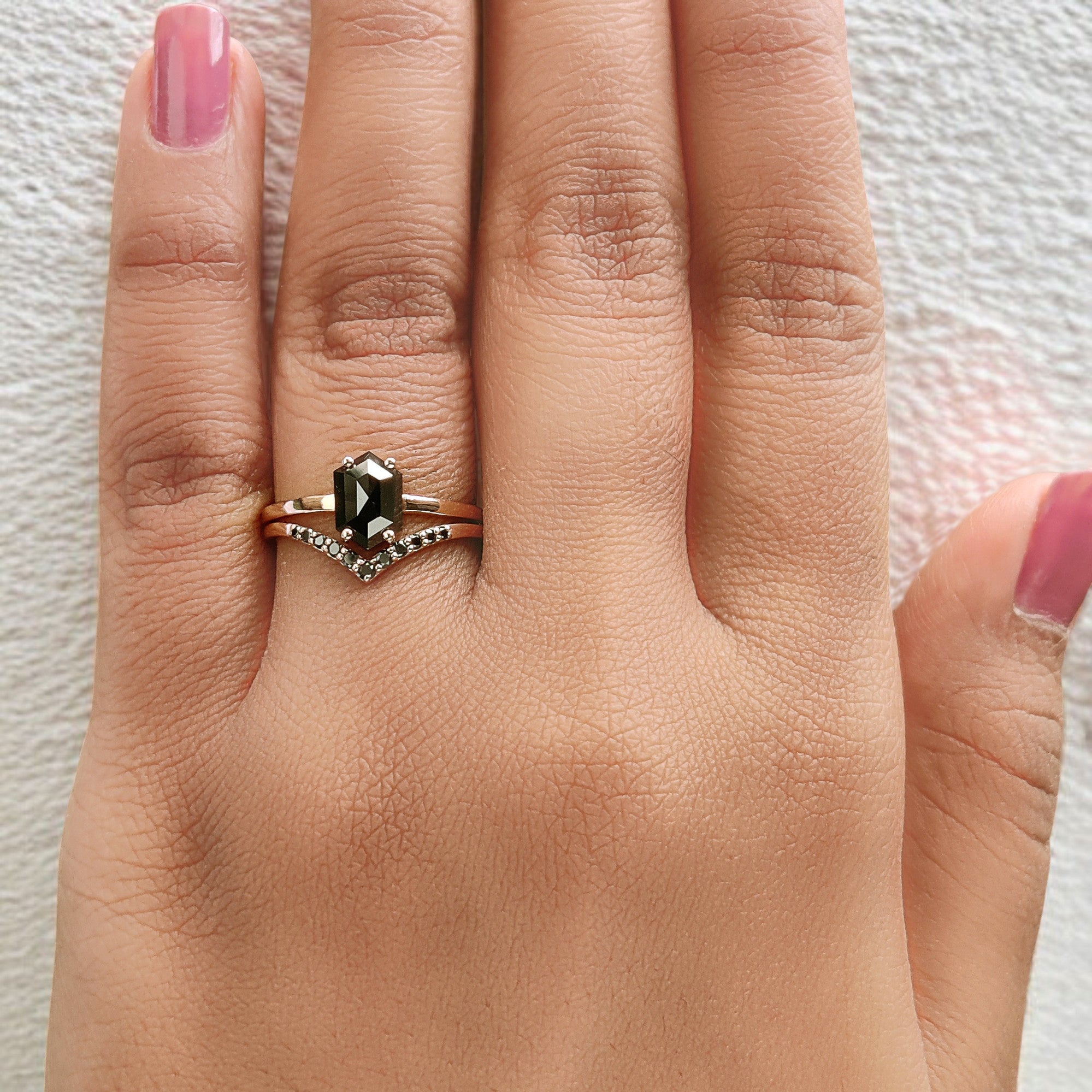 1.13 Ct Natural Hexagon Shape Black Color Diamond Ring 7.90 MM Hexagon Diamond Ring 14K Solid Rose Gold Silver Engagement Ring QL9082