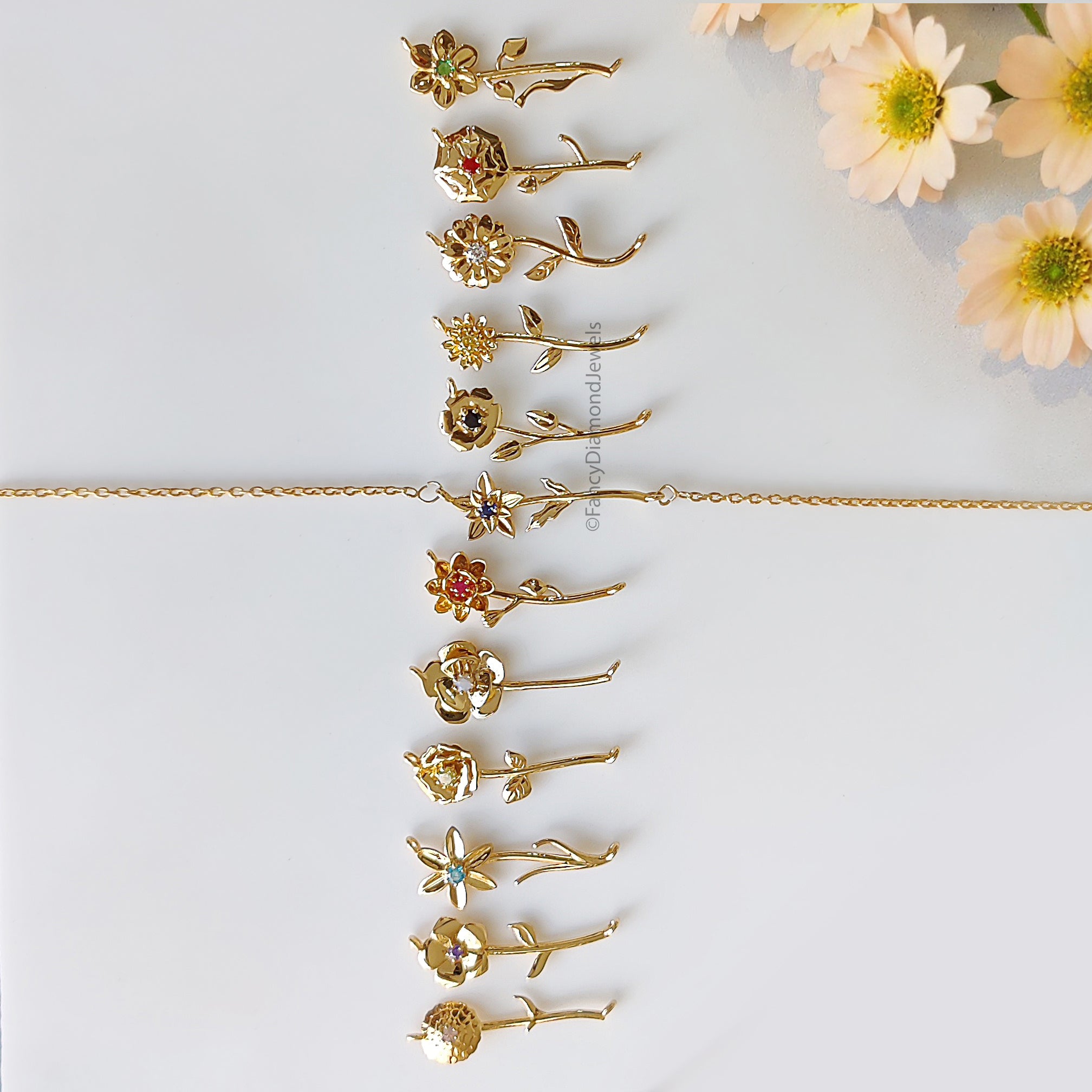 Silver Filled Birth Flower Necklace Horizontal Floral Pendant Dainty Minimalist Birthstone Flower Necklace Personalized Gift for Her FD545