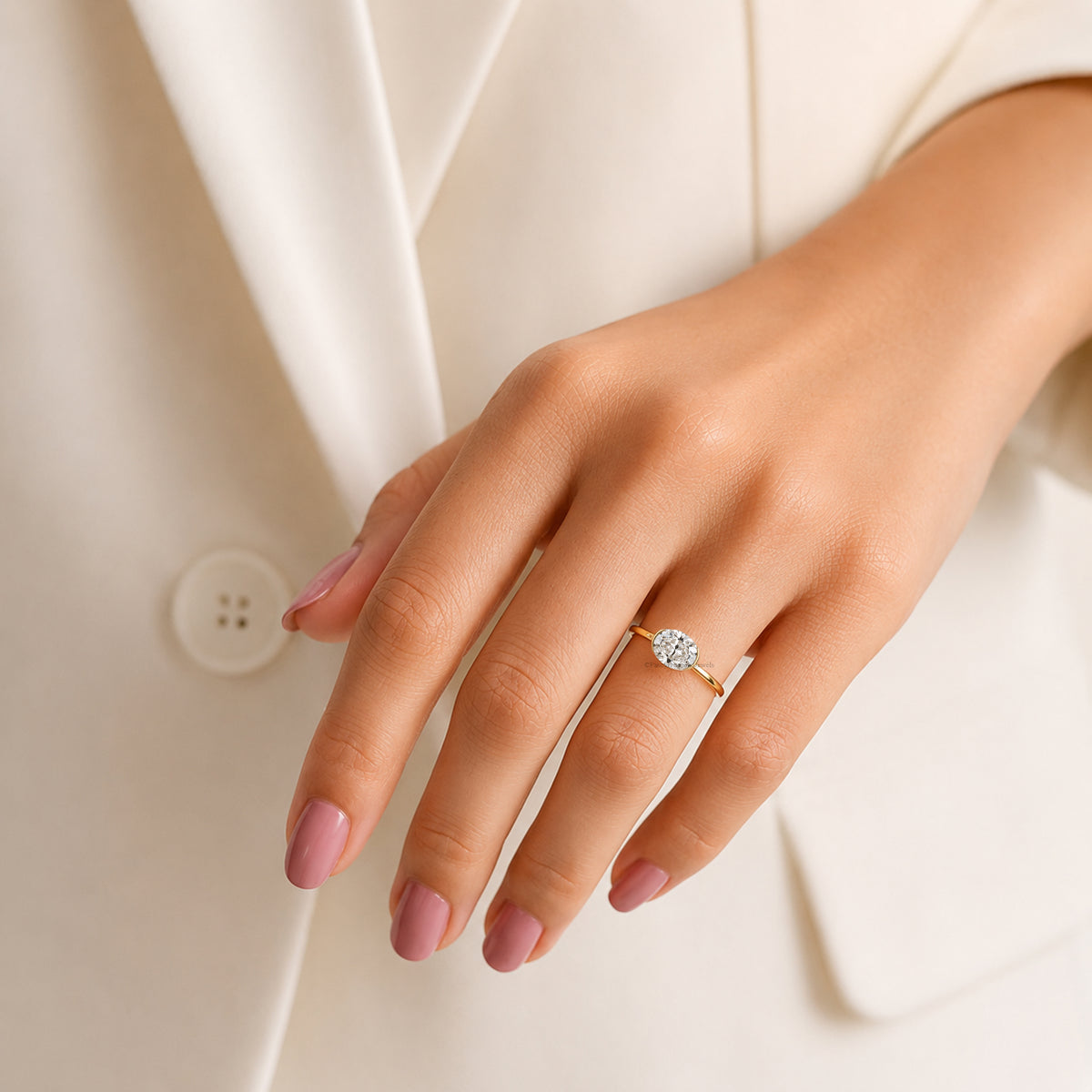 Oval Shape Lab Grown Diamond Half Bezel Ring Solid Gold, Thin Dainty Ring, Oval Diamond Pinky Ring, Minimal Wedding Band Gift For Her FD564