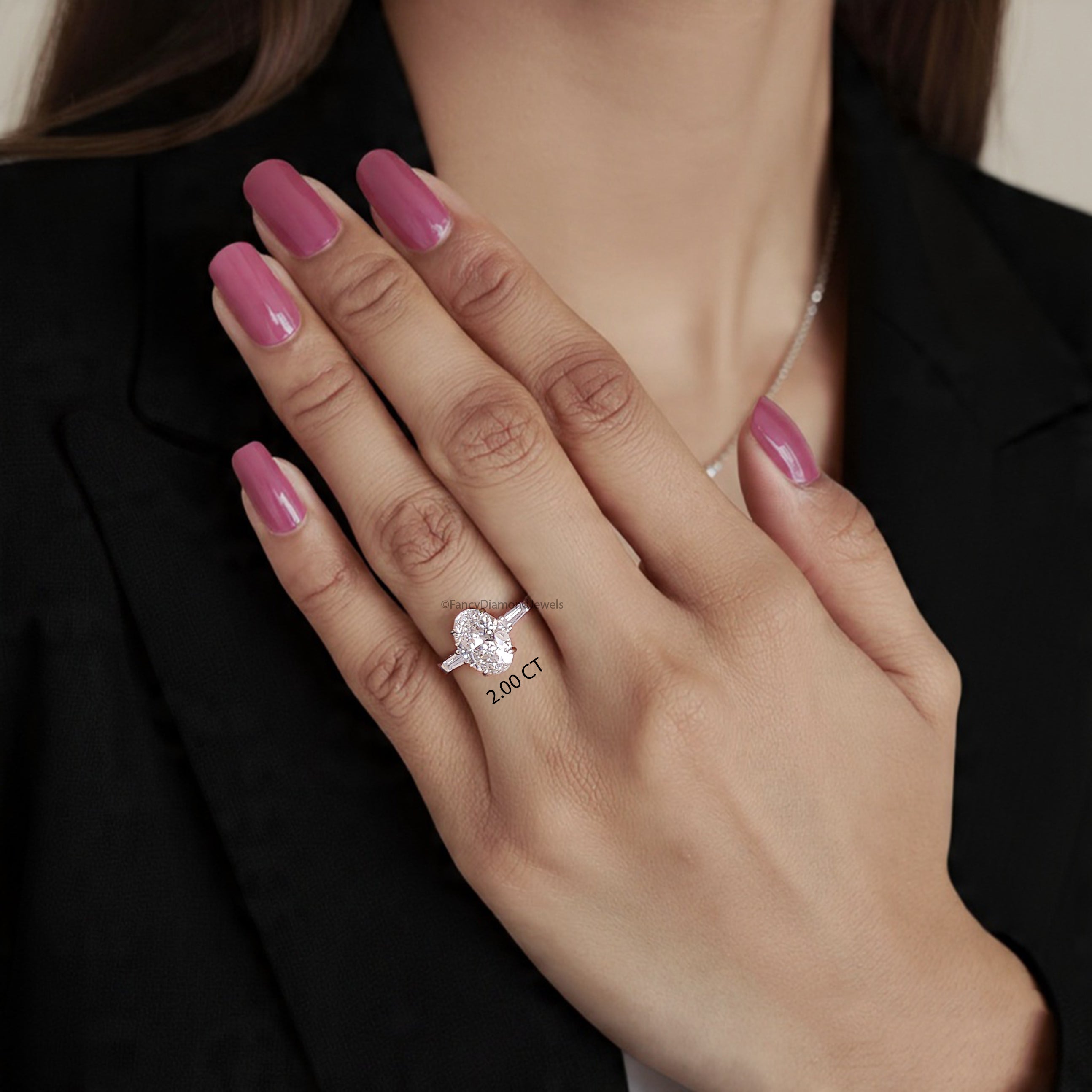Old European Cut Oval Diamond Engagement Ring, Three Stone Oval Diamond Ring with Tapered Baguette Side Stones, Unique Bridal Ring FD554