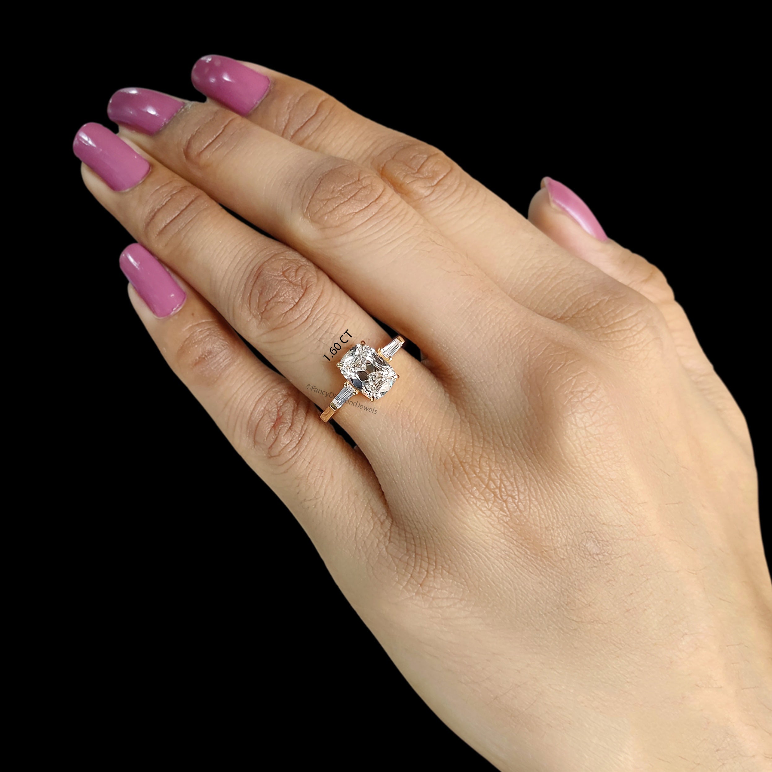 Old Mine Cut Diamond Three Stone Engagement Ring, Cushion and Tapered Baguette Diamond Ring, 3 Stone Wedding Ring, Anniversary Gifts FD559