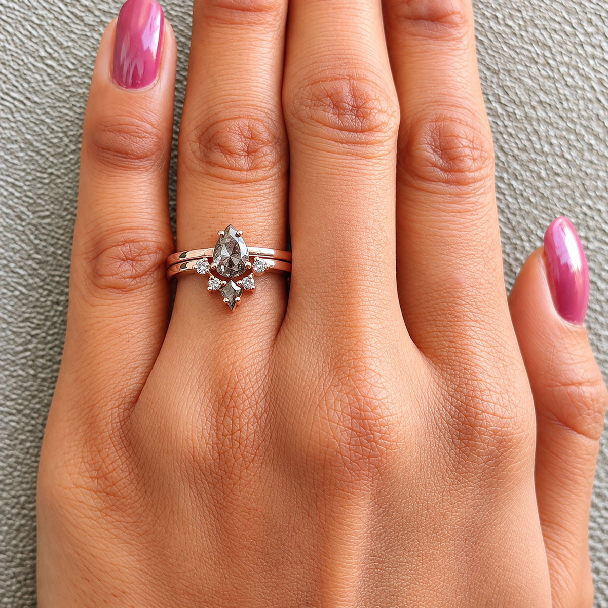 Pear Shape Salt and Pepper Diamond Ring, 14K Rose Gold Pear Cut Engagement Ring, Bridal Ring Set, Unique Diamond Ring Gift for Her KDN2625