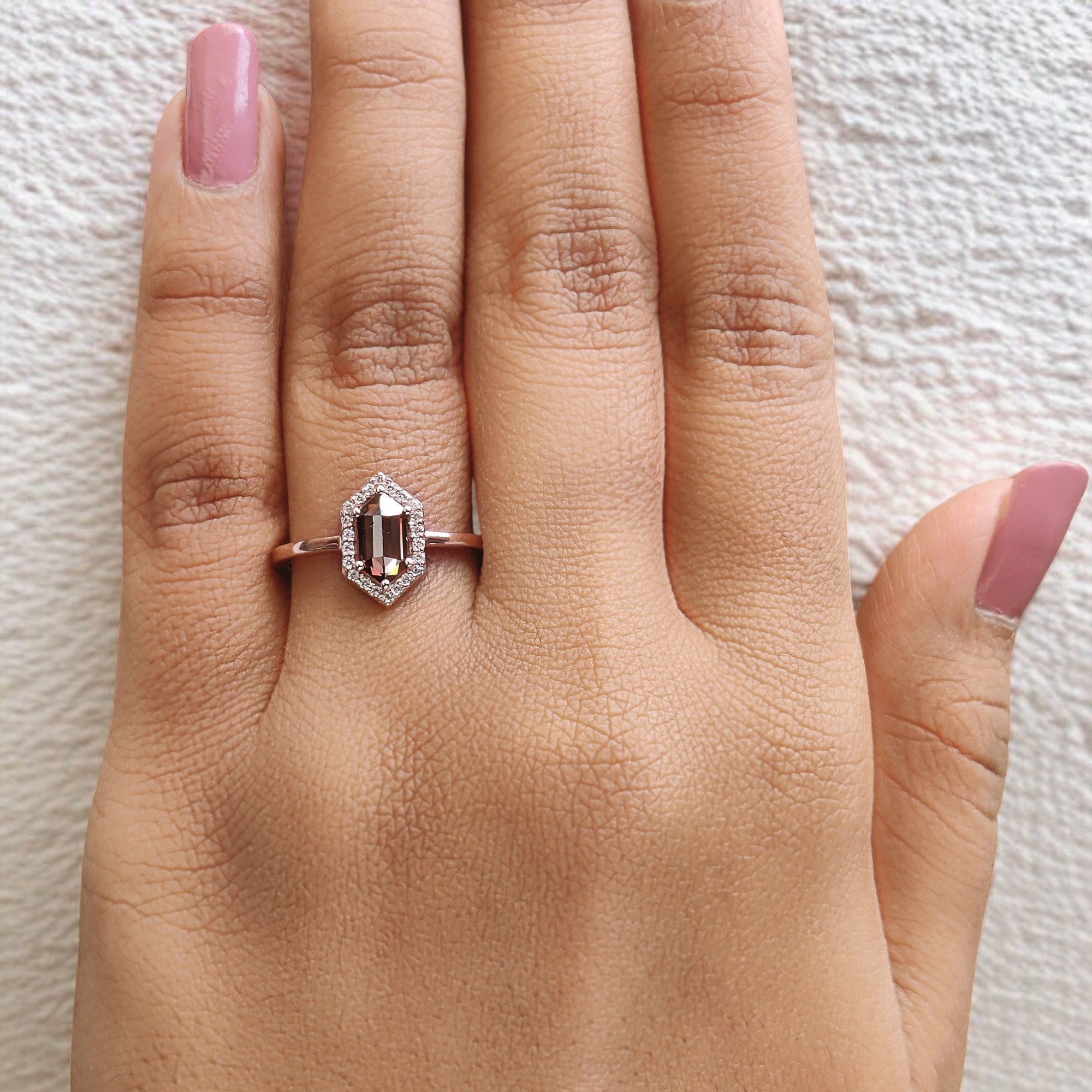 Hexagon Brown Color Diamond Ring 0.65 Ct 8.05 MM Hexagon Shape Diamond Ring 14K Solid Rose Gold Silver Engagement Ring Gift For Her QL1861
