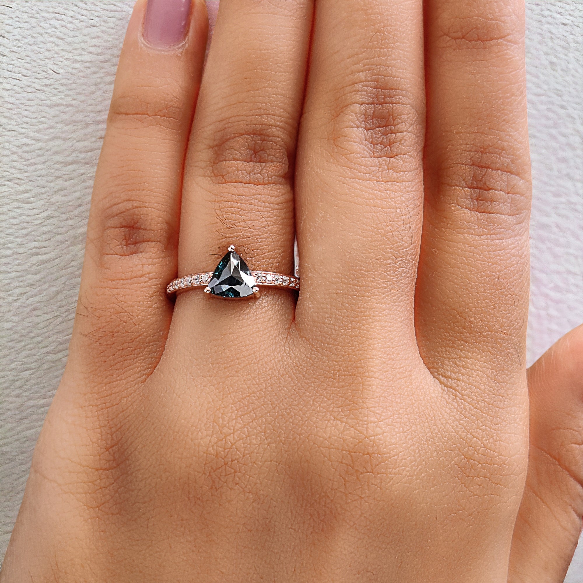 Triangle Cut Blue Color Diamond Ring 1.02 Ct 6.50 MM Triangle Shape Diamond Ring 14K Solid Rose Gold Silver Engagement Ring Gift For Her QN9474