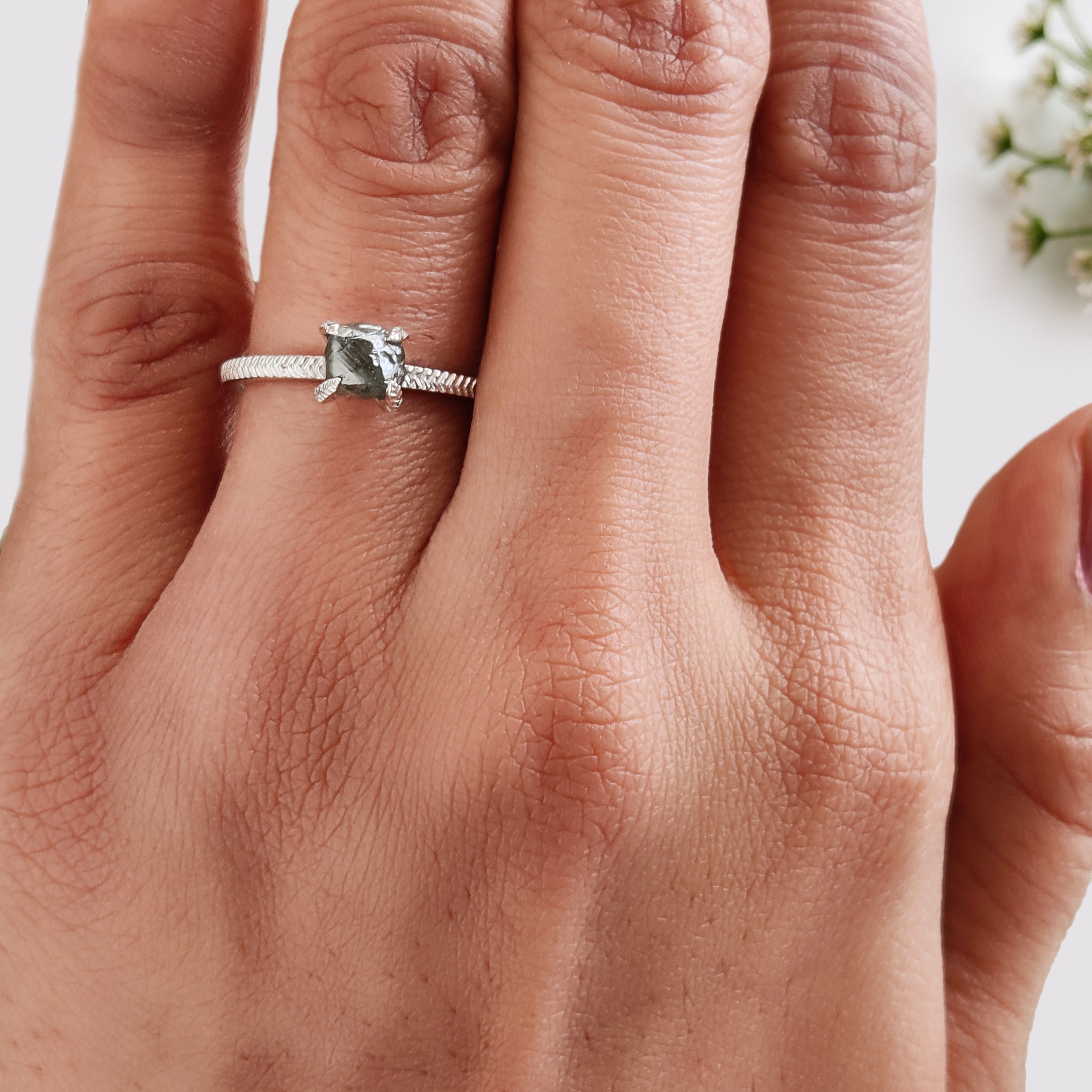 Rough Blue Color Diamond Ring 1.11 Ct 5.85 MM Crystal Rough Diamond Ring 14K Solid White Gold Silver Engagement Ring Gift For Her QL2358