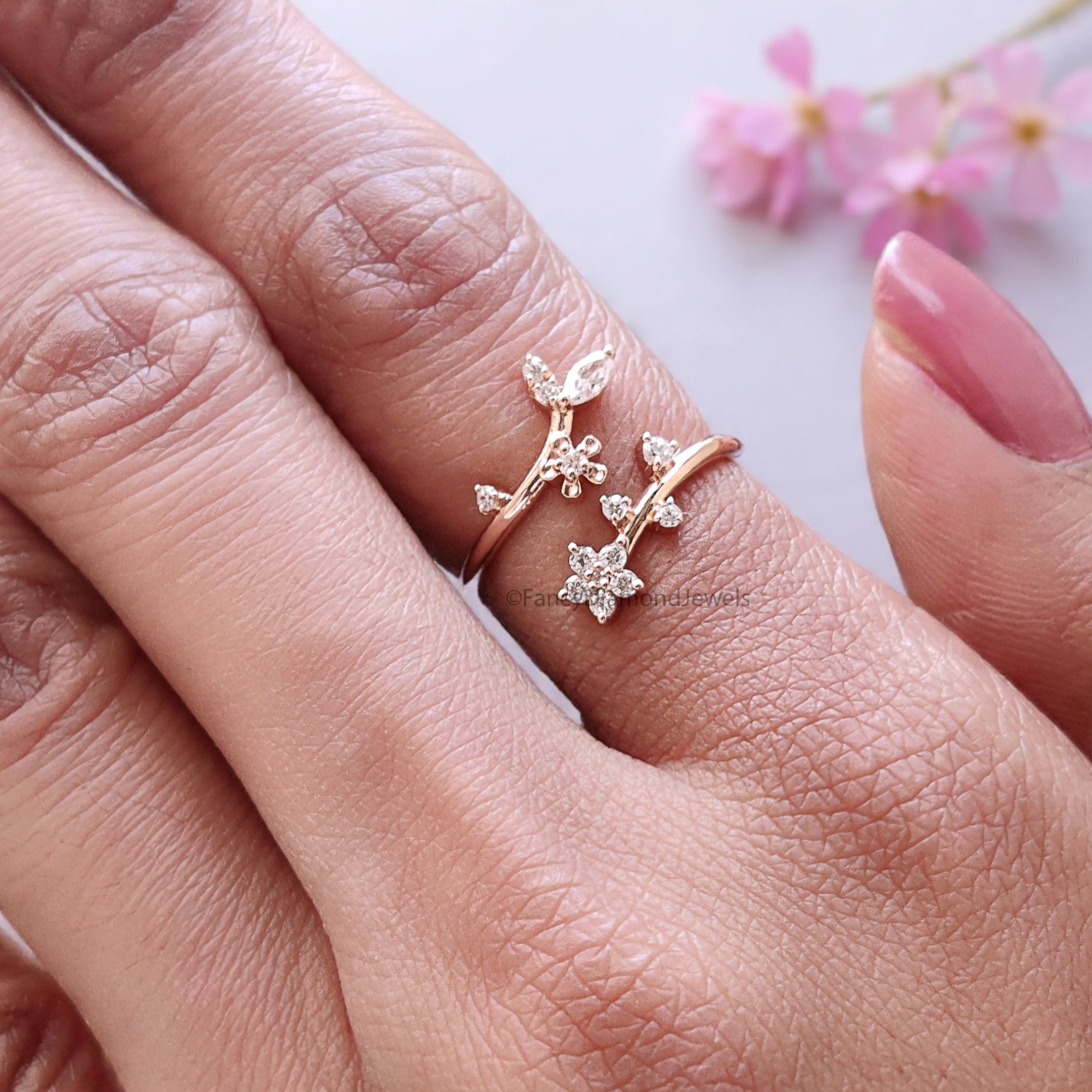 Marquise / Round Cut Wedding Ring Rose Gold Unique Anniversary Ring Spring Flower Ring Adjustable Delicate Personalized Gift For Her FD536
