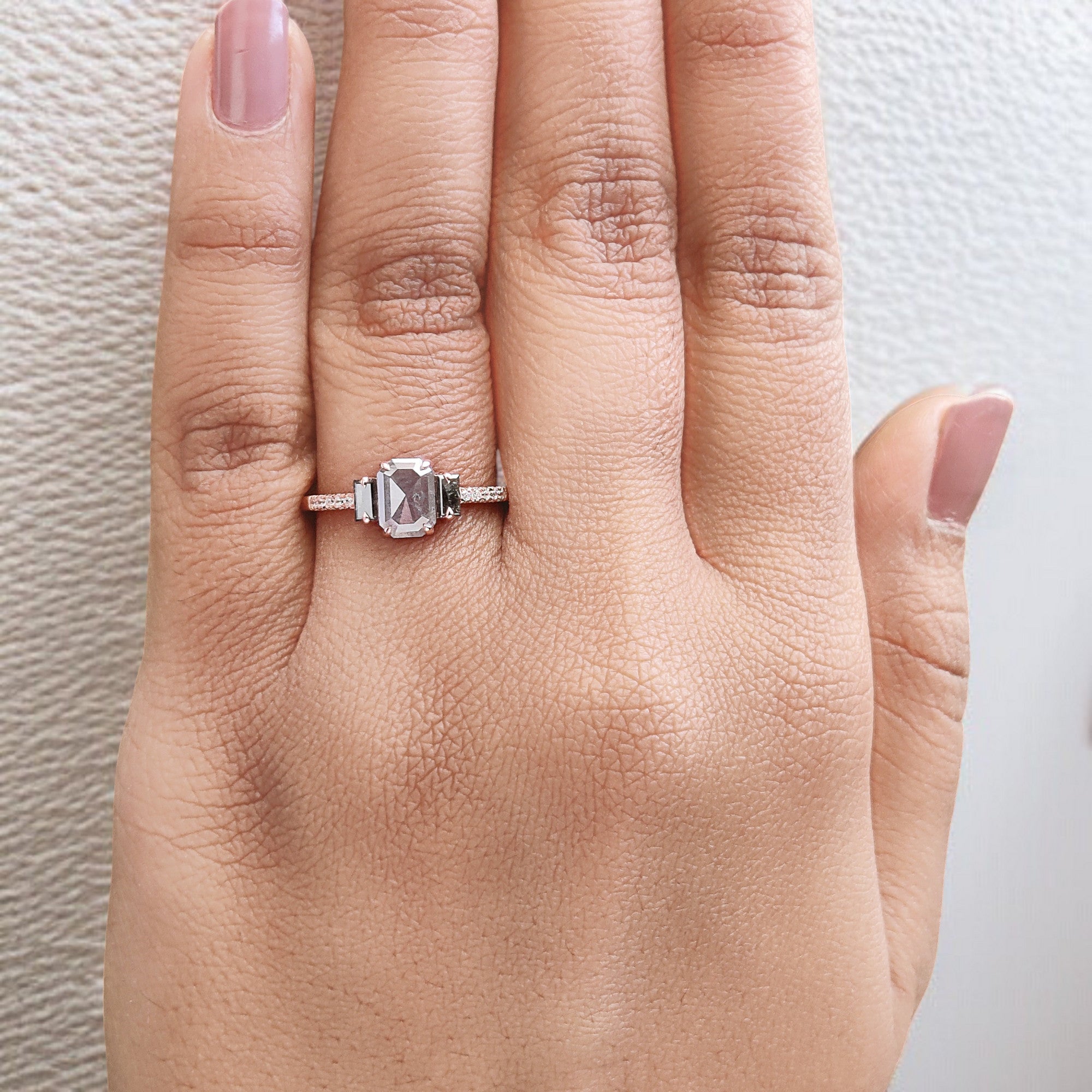 0.90 Ct Natural Emerald Shape Grey Color Diamond Ring 6.95 MM Emerald Cut Diamond Ring 14K Solid Rose Gold Silver Engagement Ring QN796