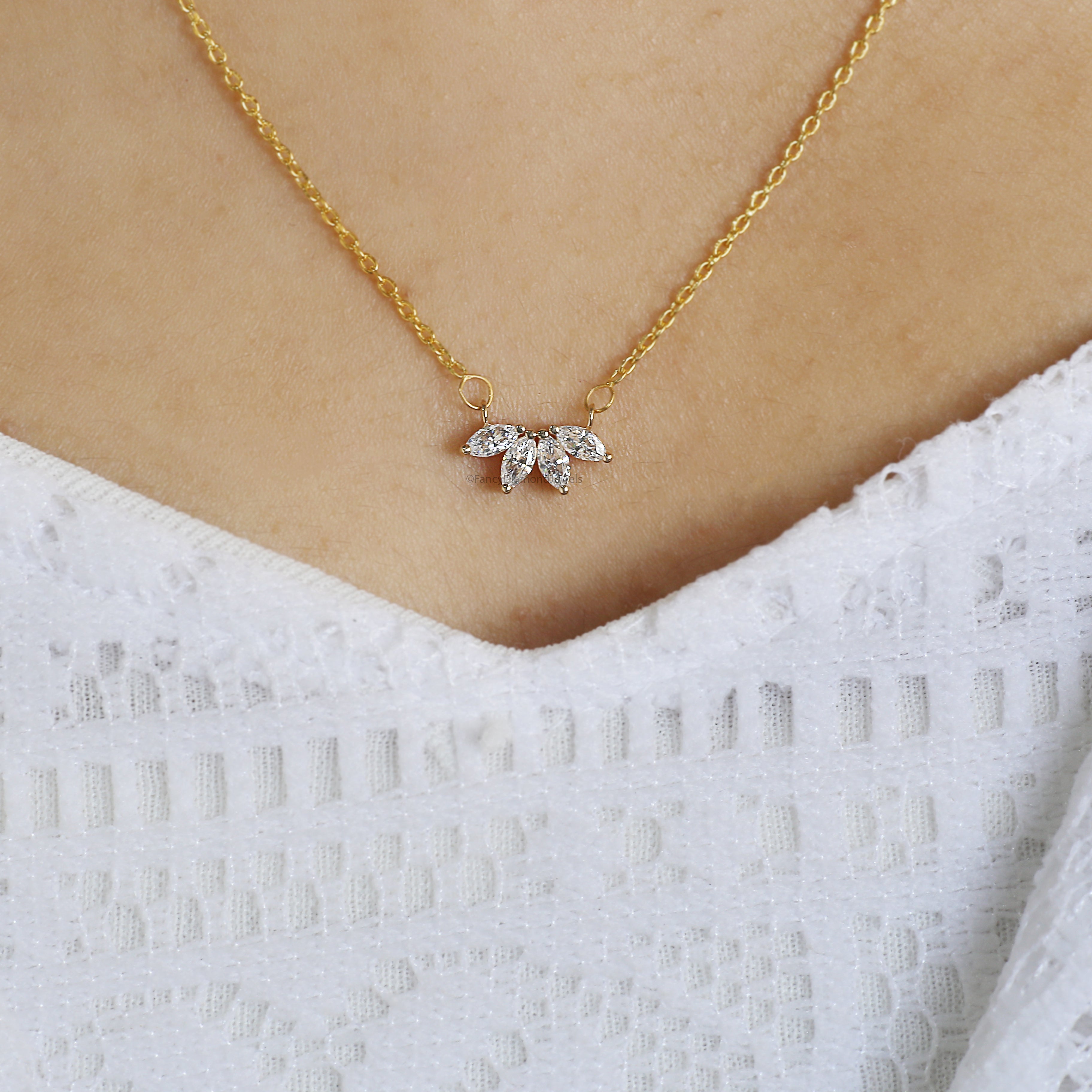Marquise Cut CZ Diamond Flower Necklace Yellow Silver handmade jewelry Necklace Marquise Shape prong basket set Necklace With Chain FD481