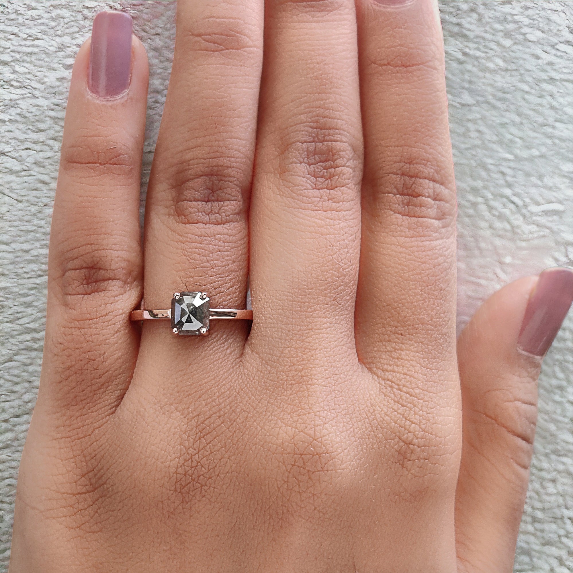 Emerald Cut Salt And Pepper Diamond Ring 1.24  Ct 5.50 MM Emerald Diamond Ring 14K Solid Rose Gold Silver Engagement Ring Gift For Her QN9365