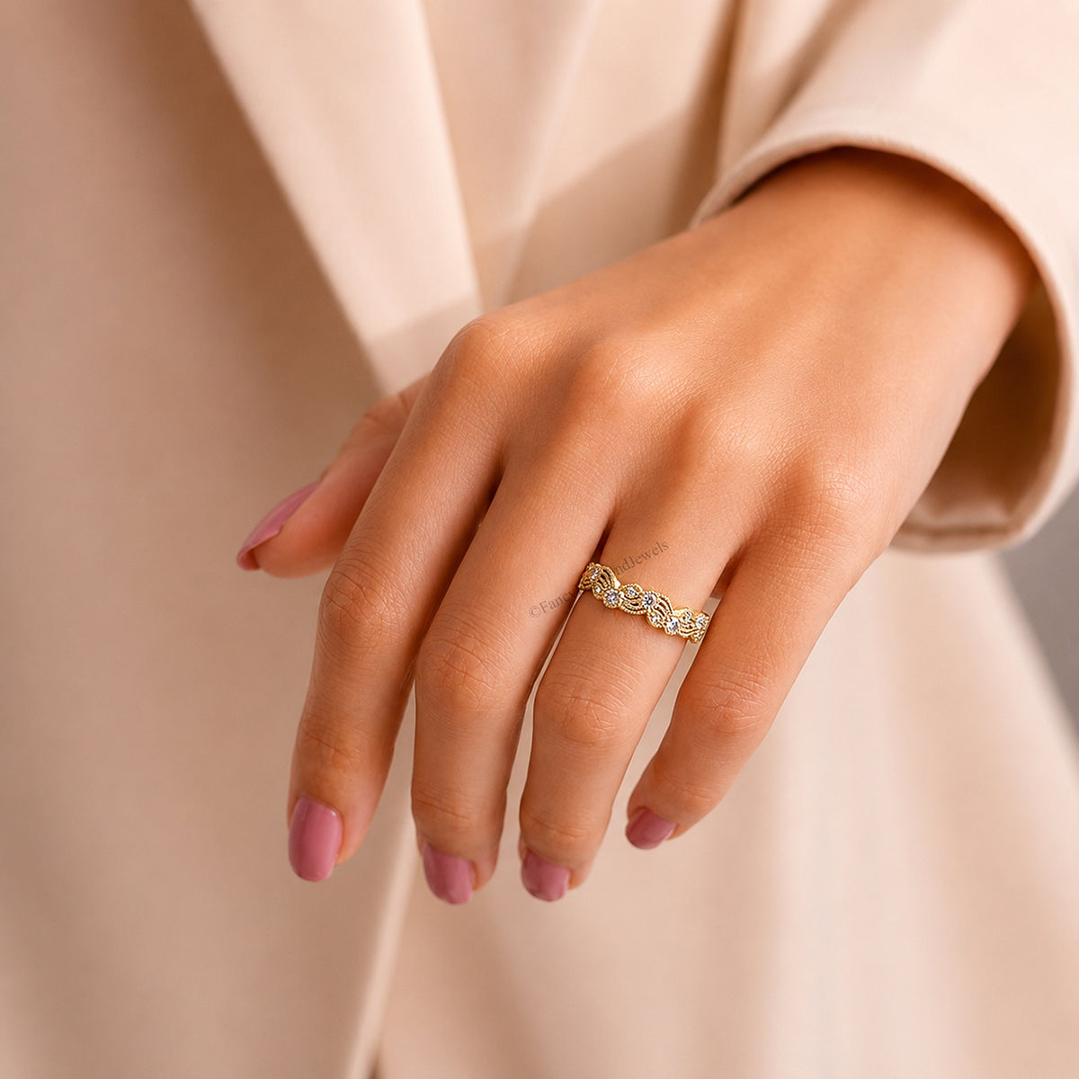 Leaf & Vine Art Deco Wedding Ring, Vintage Nature Ring, Half Eternity Ring, Round Ring, Unique Vintage Band, Wedding Band For Her FD604