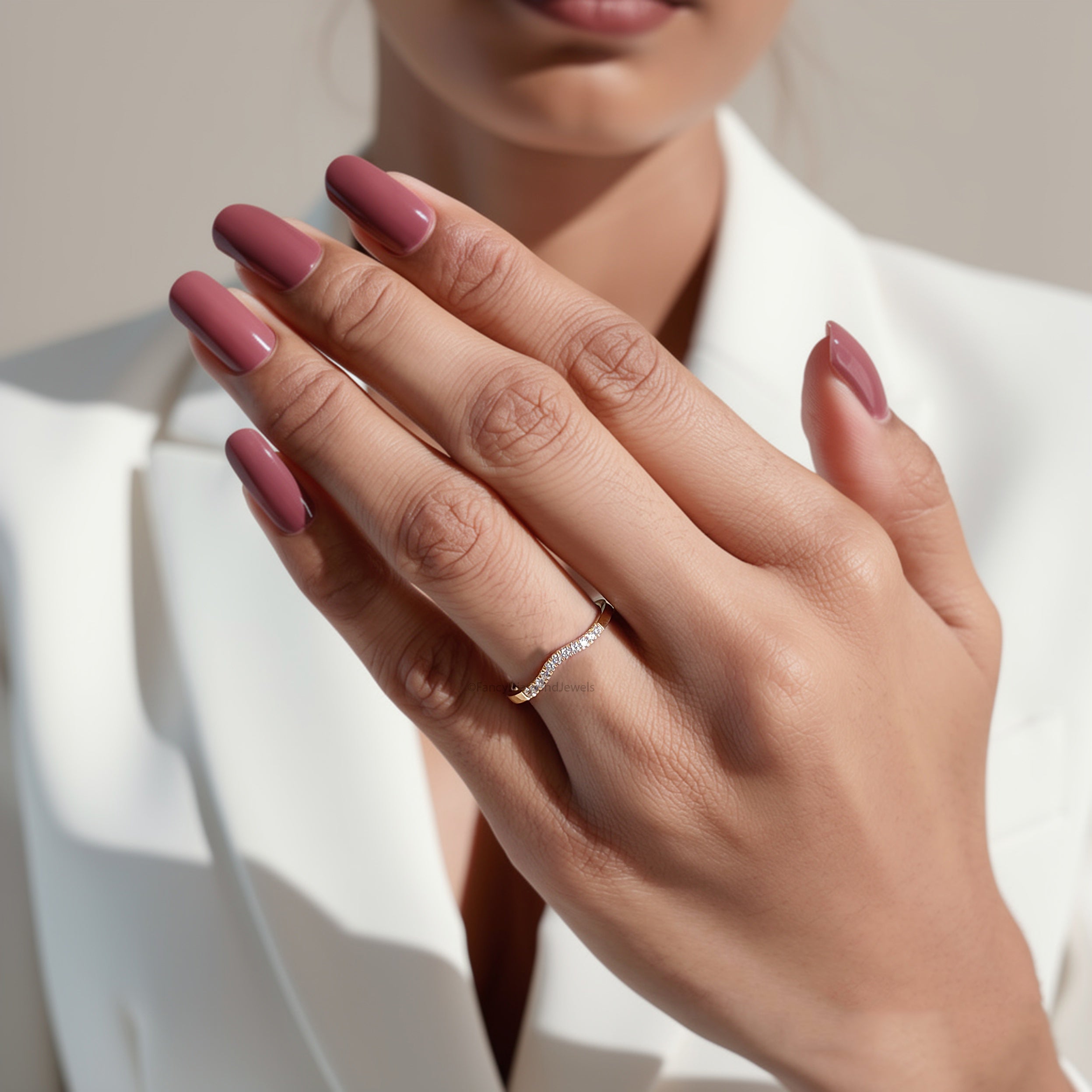 Lab Grown Diamond Band 14k Yellow Gold Curved Wedding Band For Women Pave Set Tiny Diamond Stacking Ring Minimalist Band Ring For Her FD570