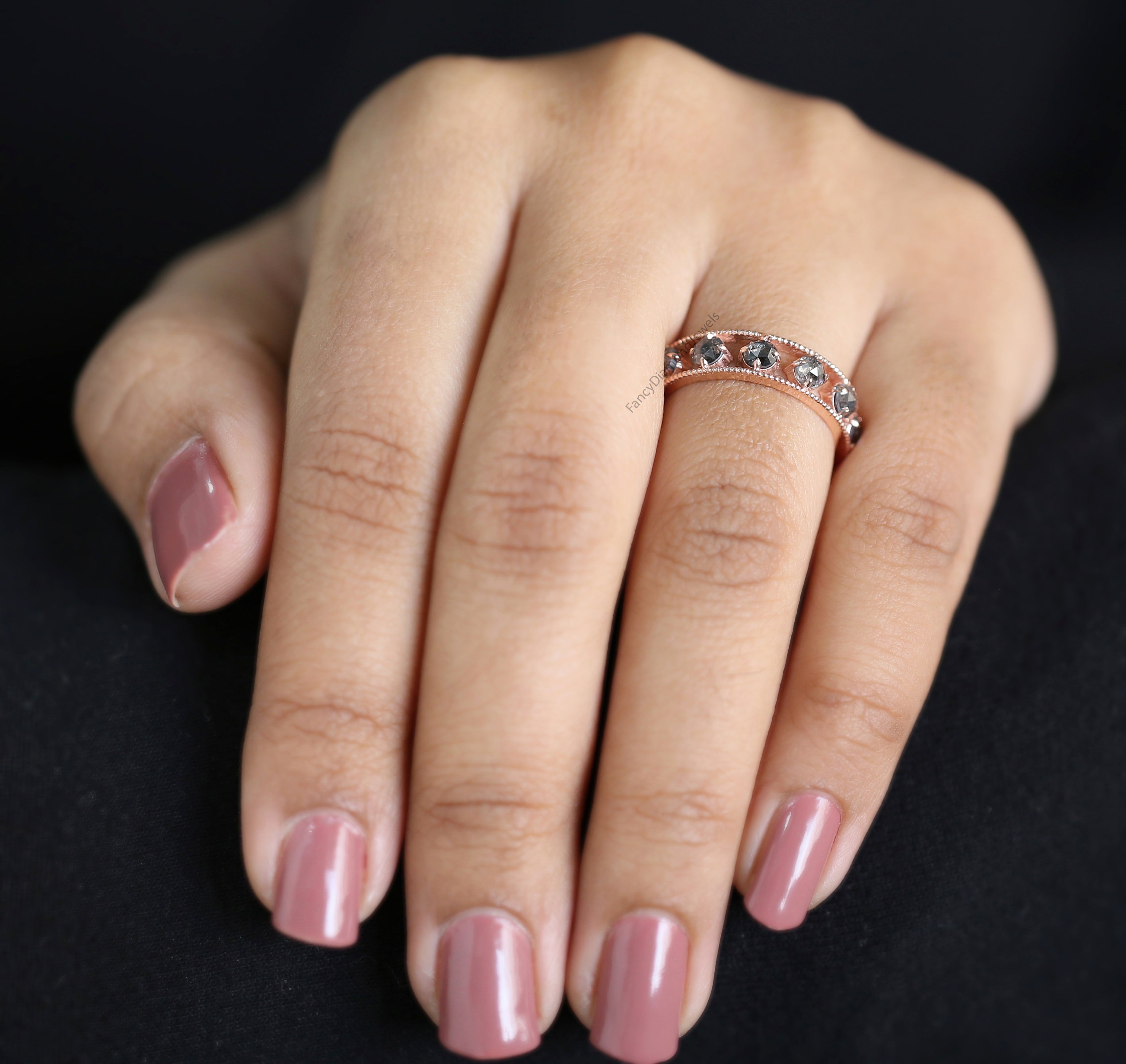 Round Rose Cut Salt And Pepper Diamond Ring 0.92 Ct 3.10 MM Round Diamond Ring 14K Rose Gold Silver Engagement Ring Gift For Her KD1224