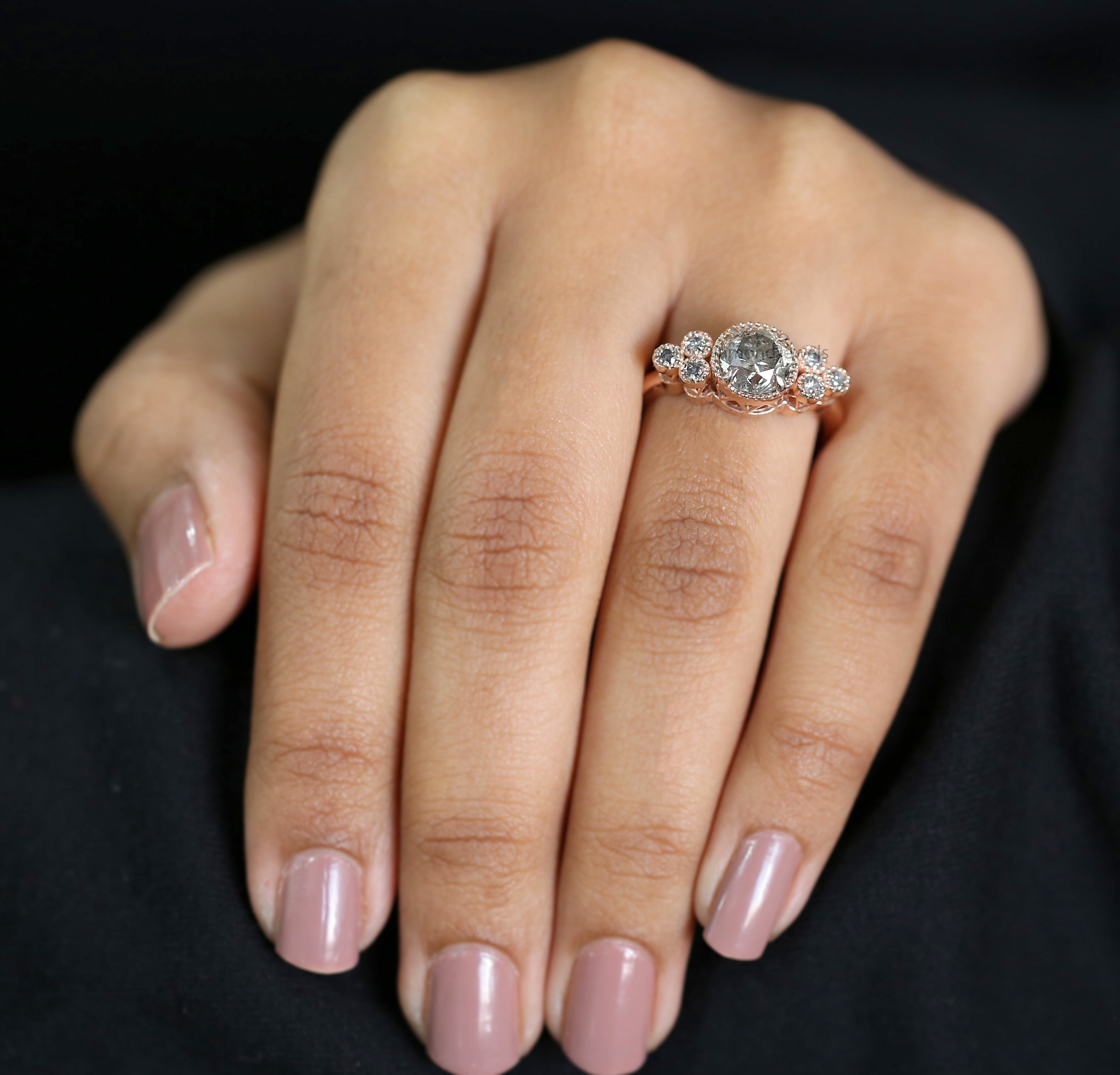 Round Cut Salt And Pepper Diamond Ring 1.57 Ct 6.90 MM Round Diamond Ring 14K Solid Rose Gold Silver Engagement Ring Gift For Her QL8546