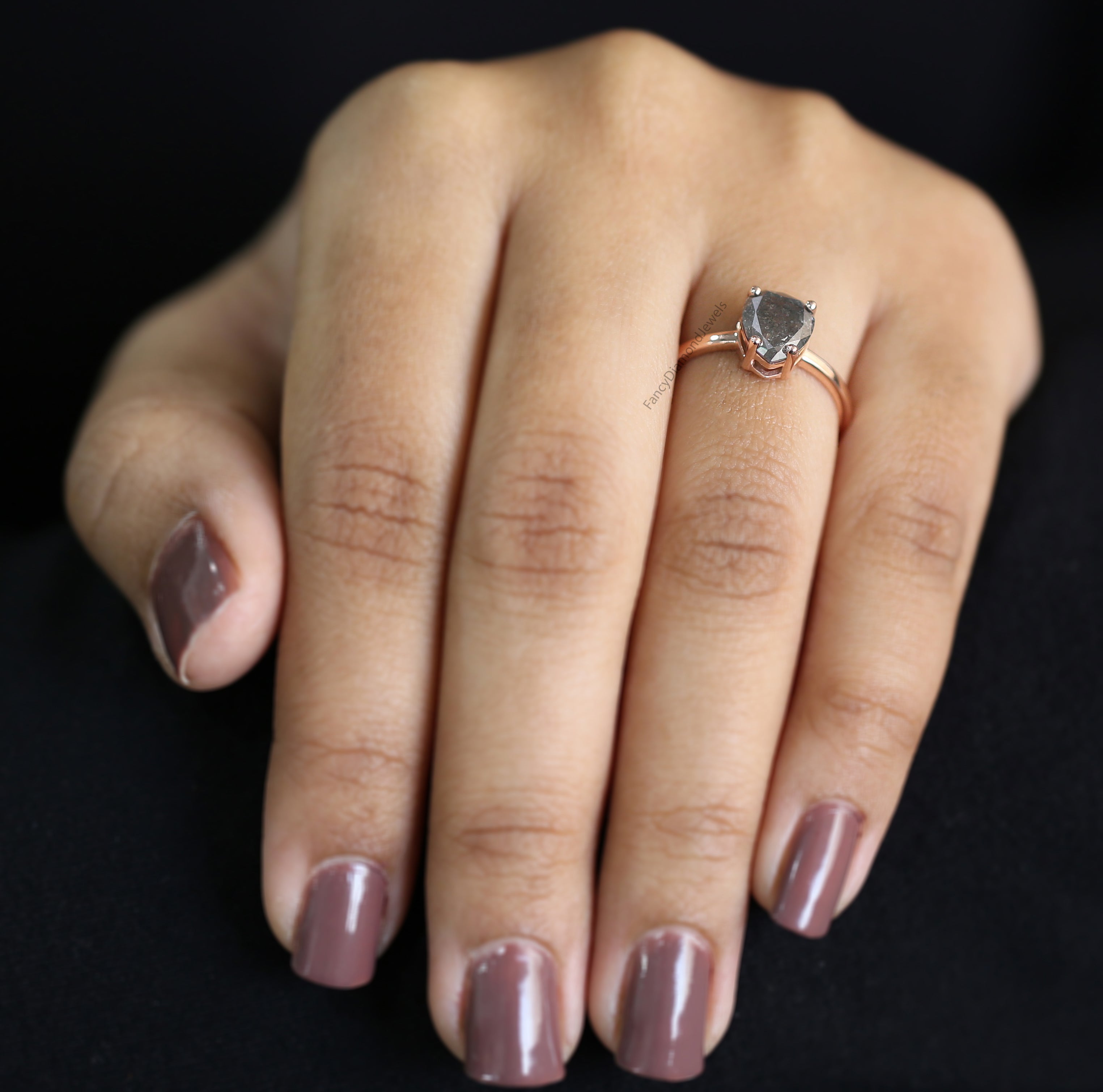 Pear Cut Salt And Pepper Diamond Ring 1.58 Ct 8.45 MM Pear Diamond Ring 14K Solid Rose Gold Silver Engagement Pear Ring Gift For Her QL1666
