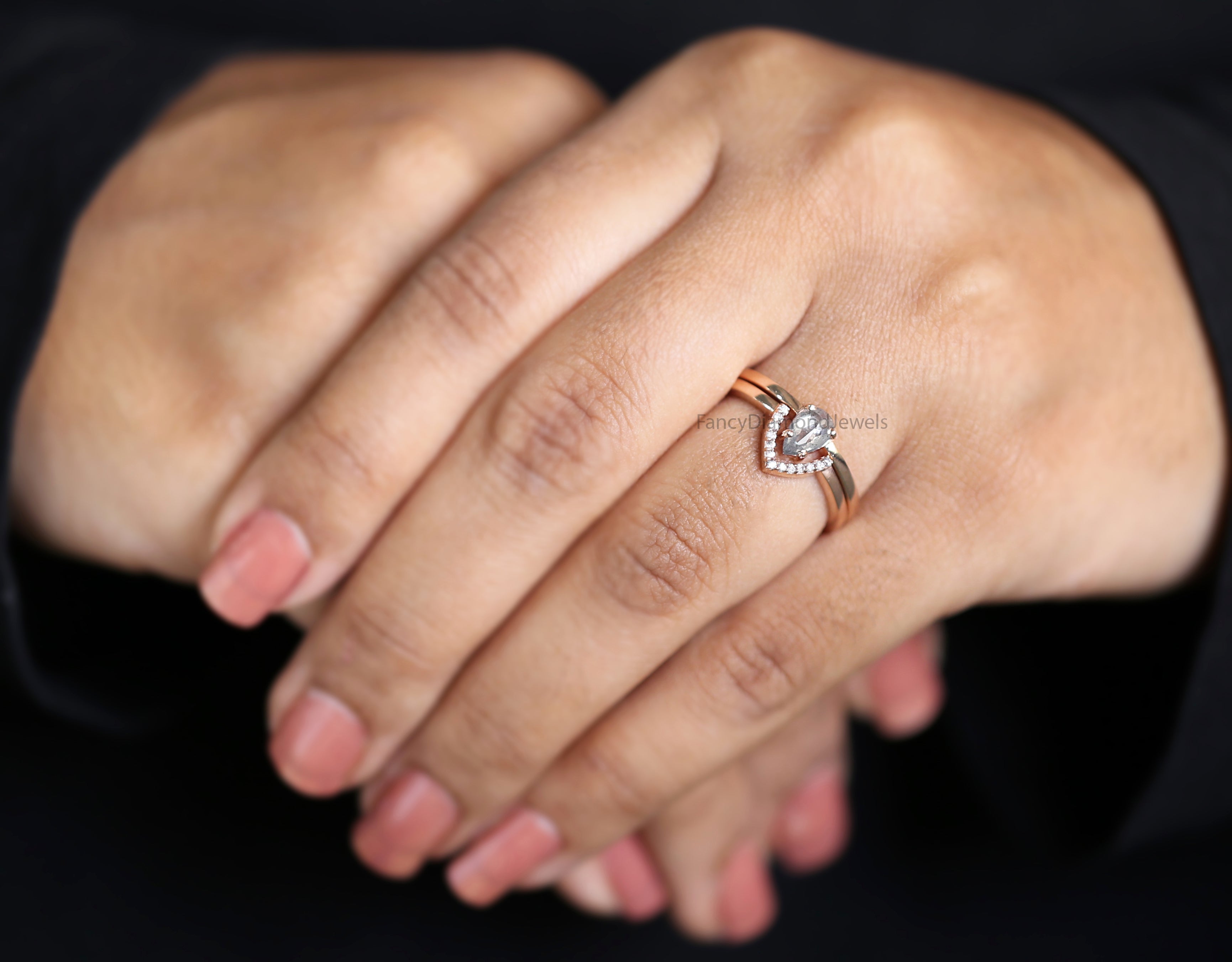 Pear salt and pepper Diamond Ring, Salt and pepper Pear Diamond Engagement Ring, Pear Diamond Ring, Pear Ring, Pear Bridal Ring Set, KD1112