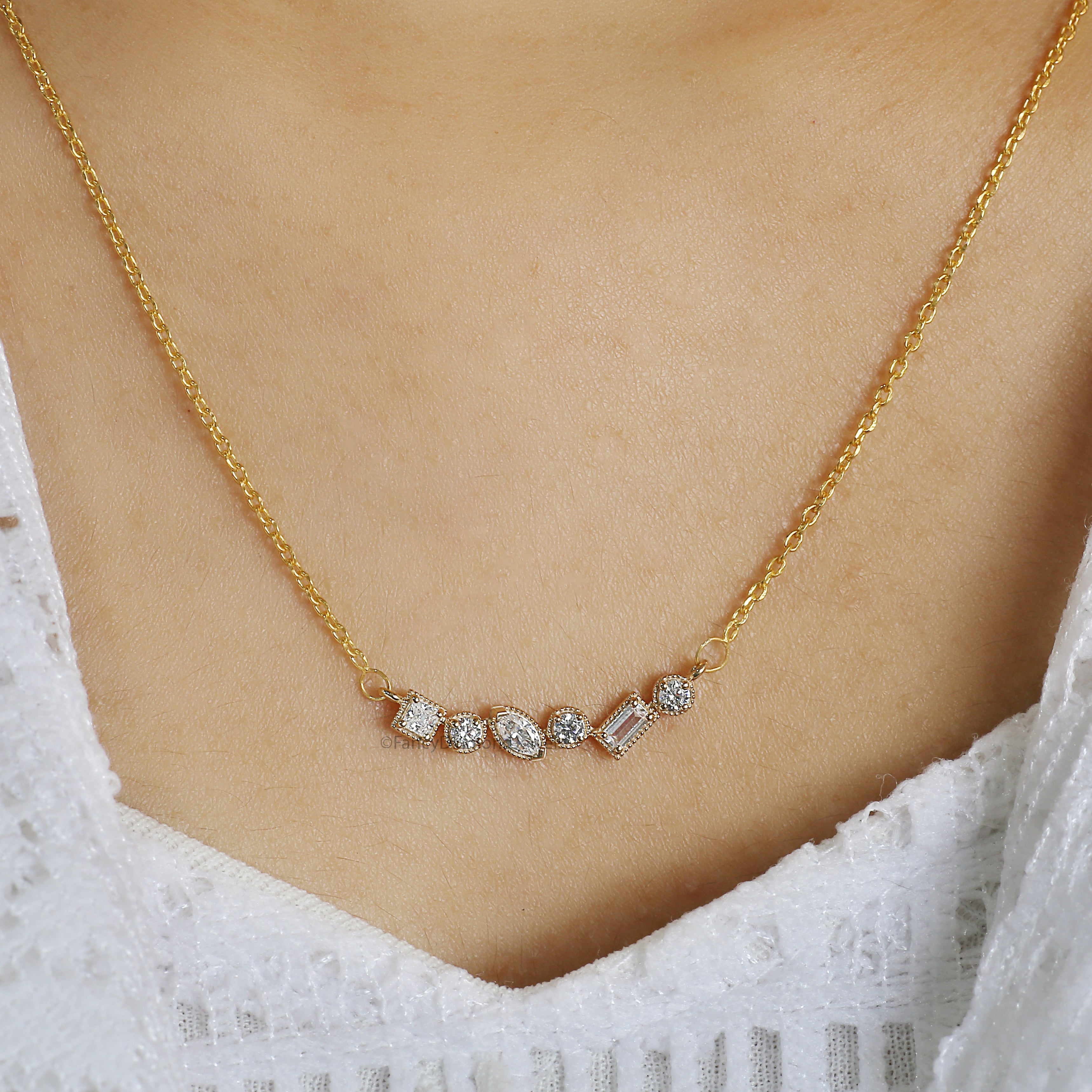 Mix Shape Cut CZ Diamond Necklace Yellow Silver handmade jewelry Necklace Mix Shape prong basket set Necklace With Chain FD482