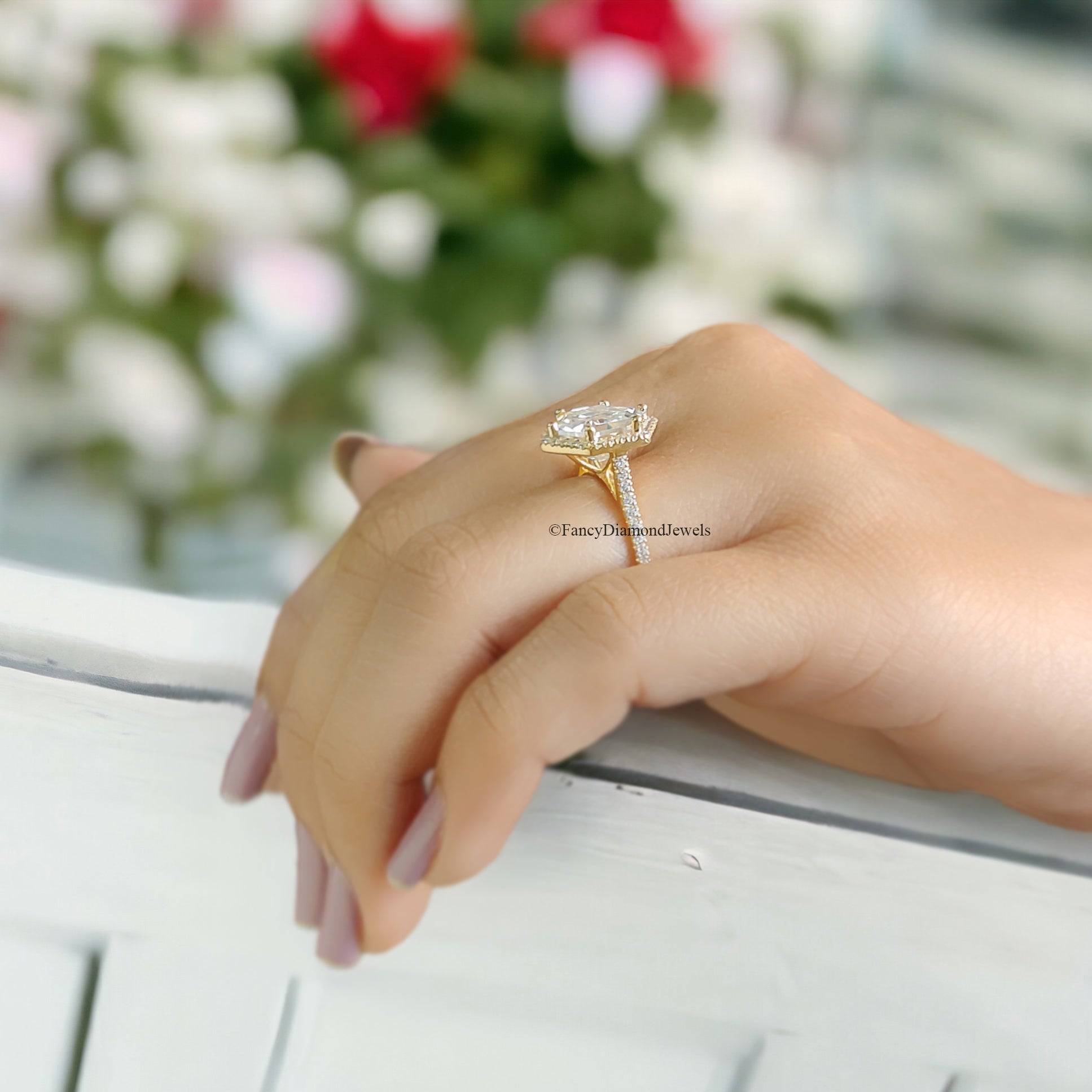 3.10 CT Hexagon And Round Cut Colorless Moissanite Halo Engagement Ring Prong Set Wedding Ring Cathedral Ring Anniversary Gift Ring FD101