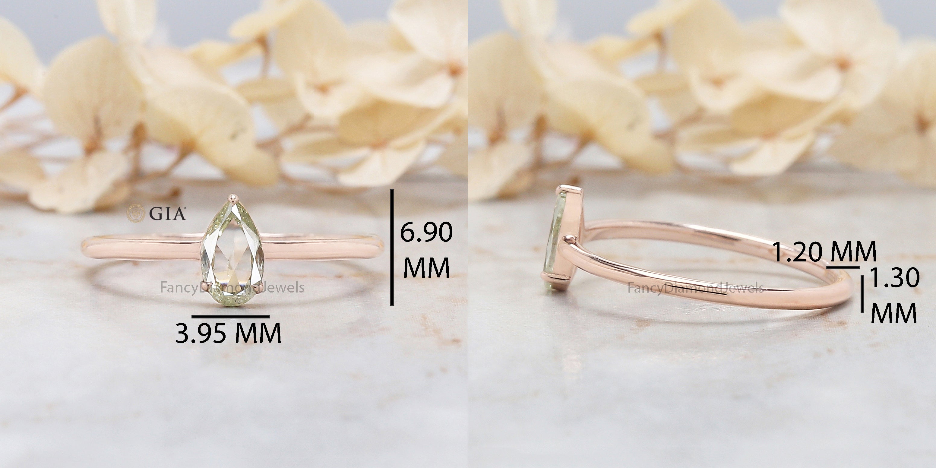 GIA Certified Pear Green Color Diamond Ring 0.32 Ct 6.63 MM Pear Diamond Ring 14K Solid Rose Gold Silver Engagement Ring Gift For Her QL4429