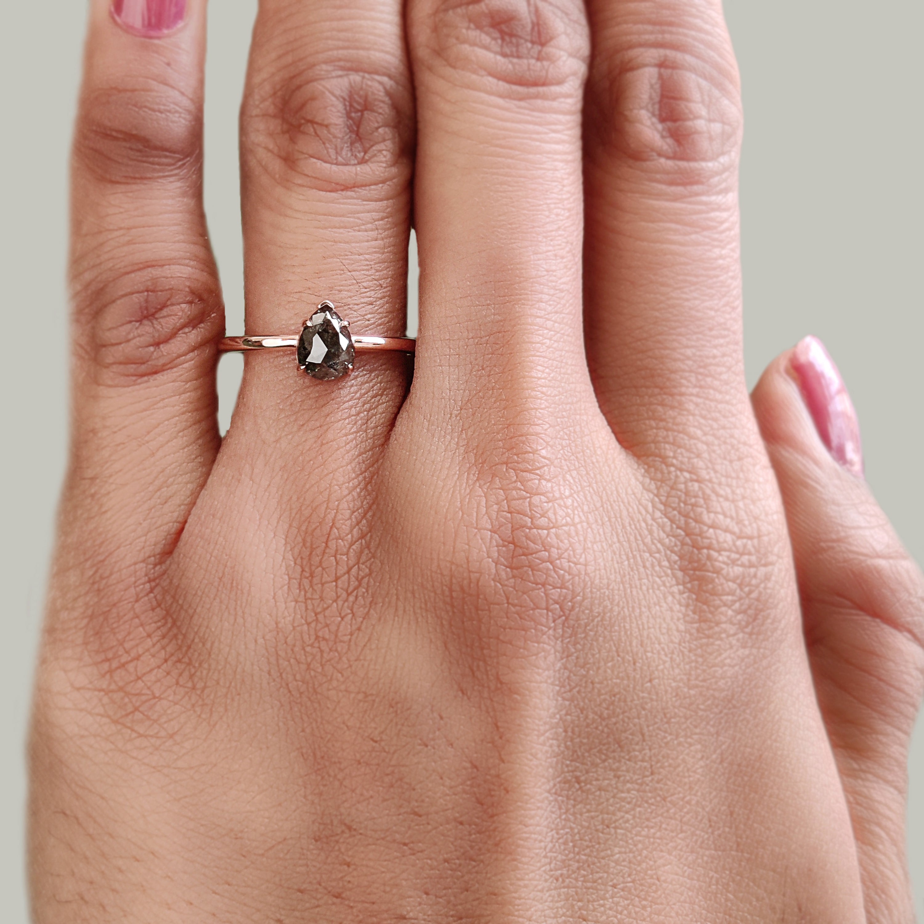 Pear Cut Salt And Pepper Diamond Ring 0.81 Ct 6.70 MM Pear Cut Diamond Ring 14K Solid Rose Gold Silver Engagement Ring Gift For Her KDL3352