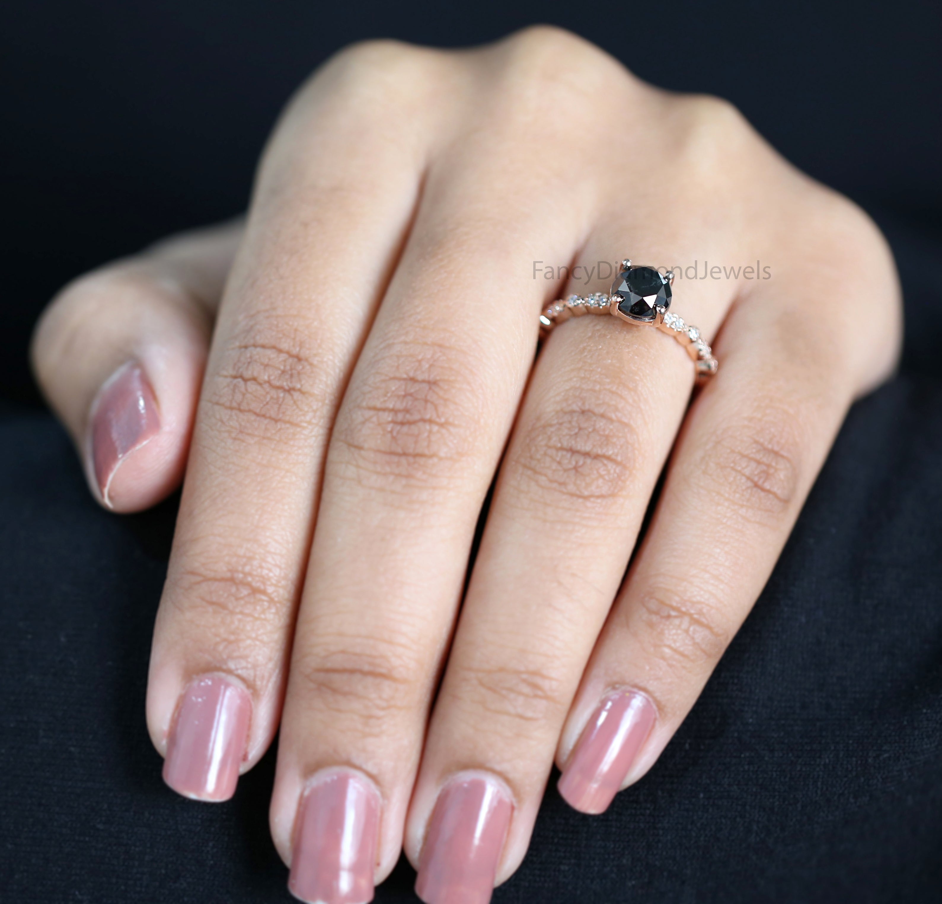 Round Cut Black Color Diamond Ring 1.50 Ct 6.60 MM Round Shape Diamond Ring 14K Solid Rose Gold Silver Engagement Ring Gift For Her QL3070