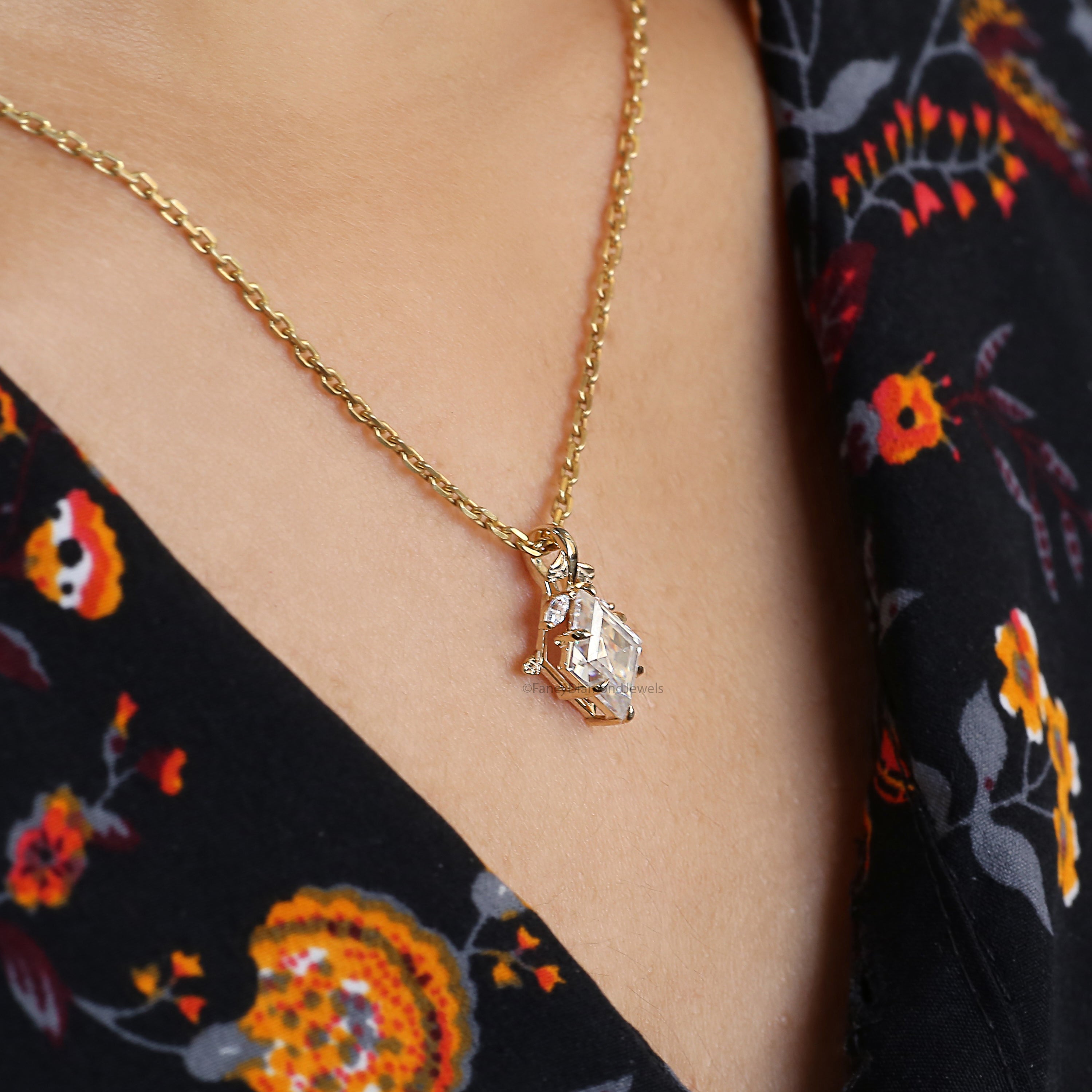 Kite Cut Lab Grown Diamond Pendant Yellow Silver handmade jewelry Necklace Pointed Claw prong And Floral Set Marquise Diamond Necklace FD477