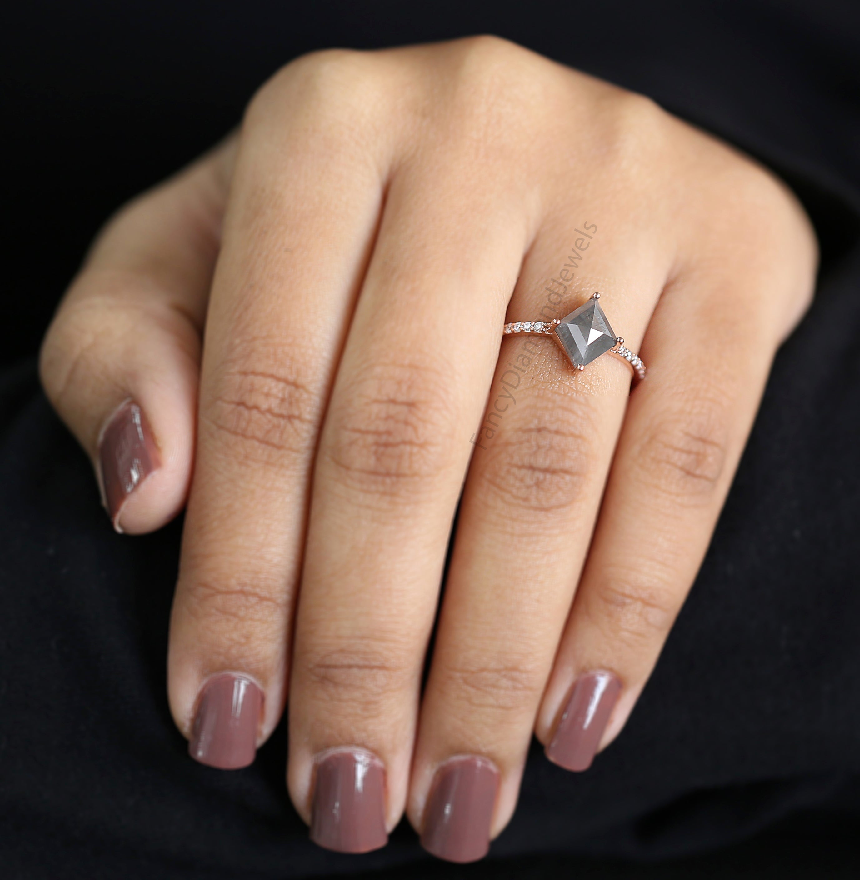 Kite Cut Salt And Pepper Diamond Ring 1.50 Ct 9.60 MM Kite Diamond Ring 14K Solid Rose Gold Silver Kite Engagement Ring Gift For Her QK2049