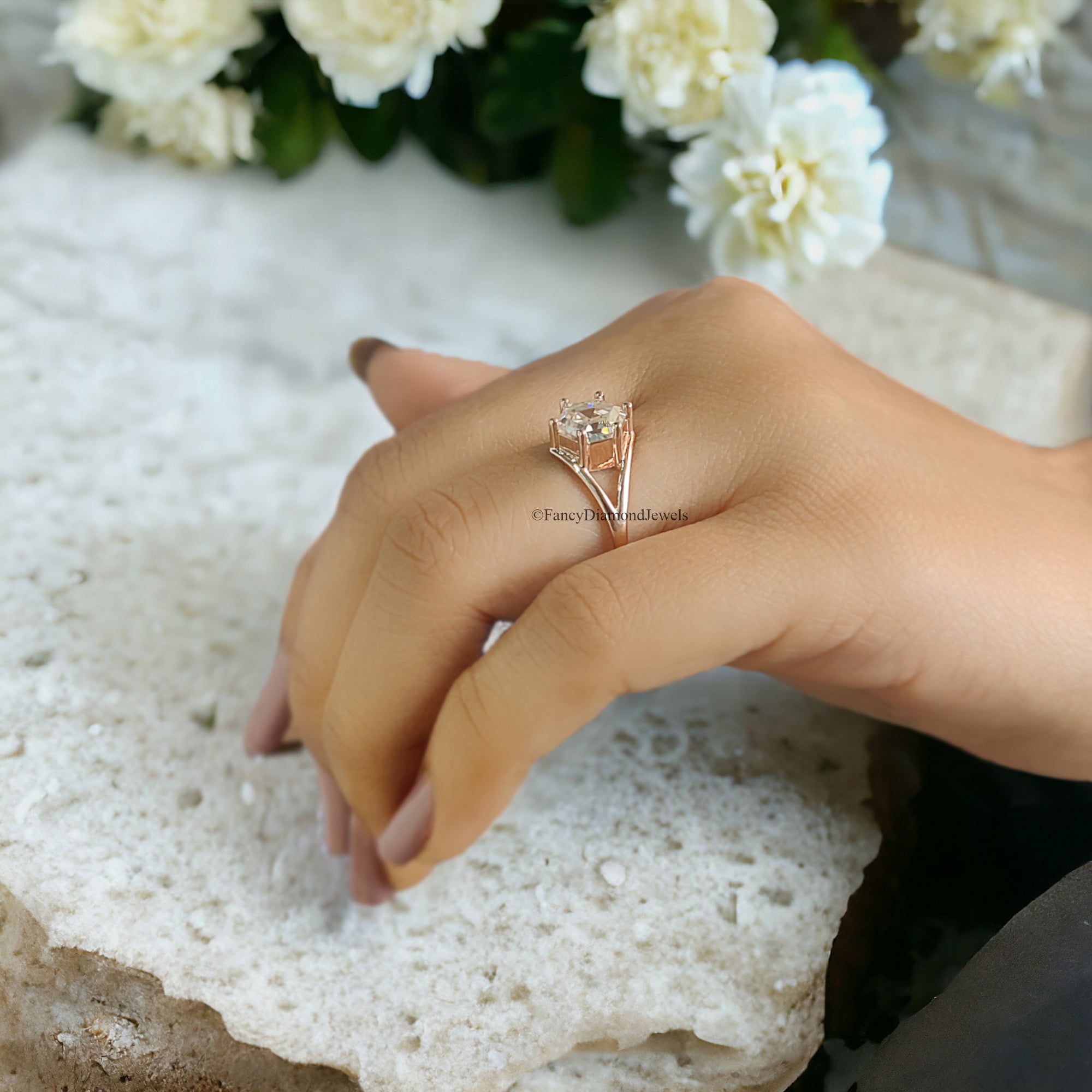1.65 CT Hexagon Step Cut Colorless Moissanite Engagement Ring Six Round Prongs Solid Gold Wedding Ring Vintage Style Solitaire Ring FD91